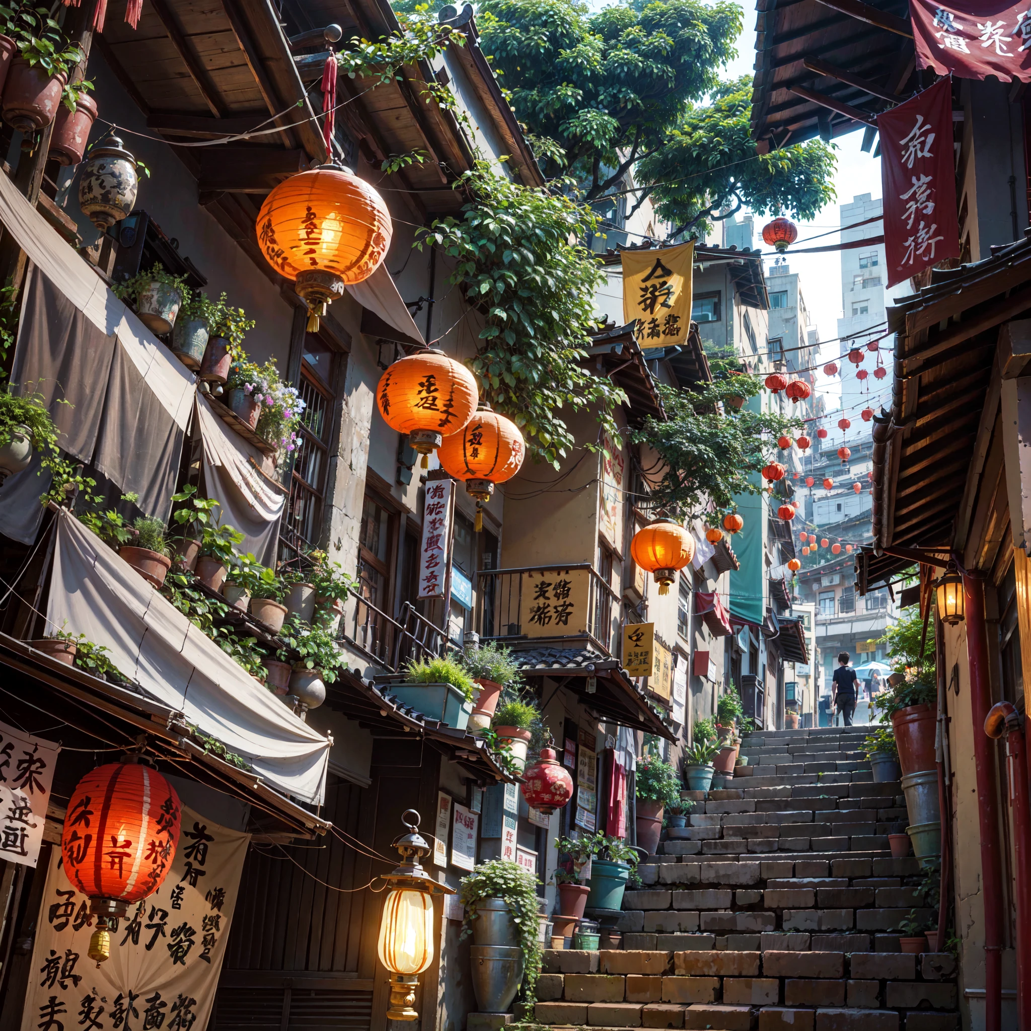 there are many lanterns hanging from the ceiling of a building, like jiufen, red lanterns, street of hong kong, in a narrow chinese alley, china town, street lanterns are shining, street lanterns, dreamy chinese town, streets of hong kong, in hong kong, lush plants and lanterns, japanese street, chinese style, chinese lanterns, city like hong kong