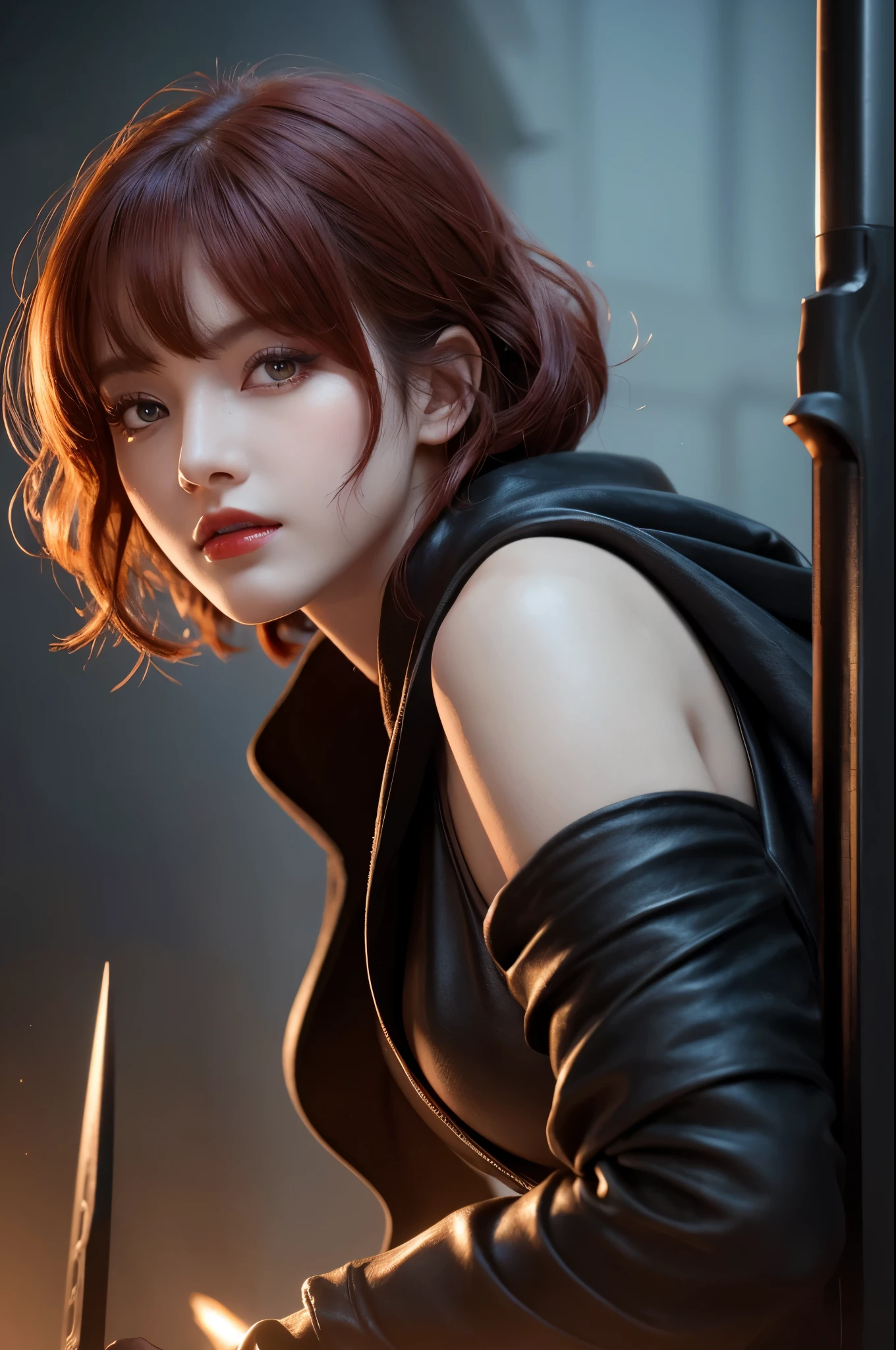 8k,A female grim reaper carrying a scythe,Super Beauty(Like the real thing),Skeleton Mask,Red Eyes,Black Robe,Highly detailed photos, Ultra-high resolution, masterpiece, highest quality, Perfect glowing skin, Perfect lighting, Detailed lighting, Dramatic Shadows, Ray Tracing, Looking at the audience, Small breasts, Beautifully detailed hazel eyes, Sharp Face, Clear Eyes, Red lips, Long bangs, Short Curly Hair, Redhead, ((The dark earth of the underworld)), Upper Body, masterpiece,highest qualityのフォトリアリスティックなRAW写真。Bright colors,Rich colors, Backlight, Cinema Lighting, Film Grain, to be born, 50mm lens, Nikon D850,Detailed character art,Fantasy art,Ultra-high resolution,Ultra-Realistic Skin,Perfect hand shape,Fantastic landscape,