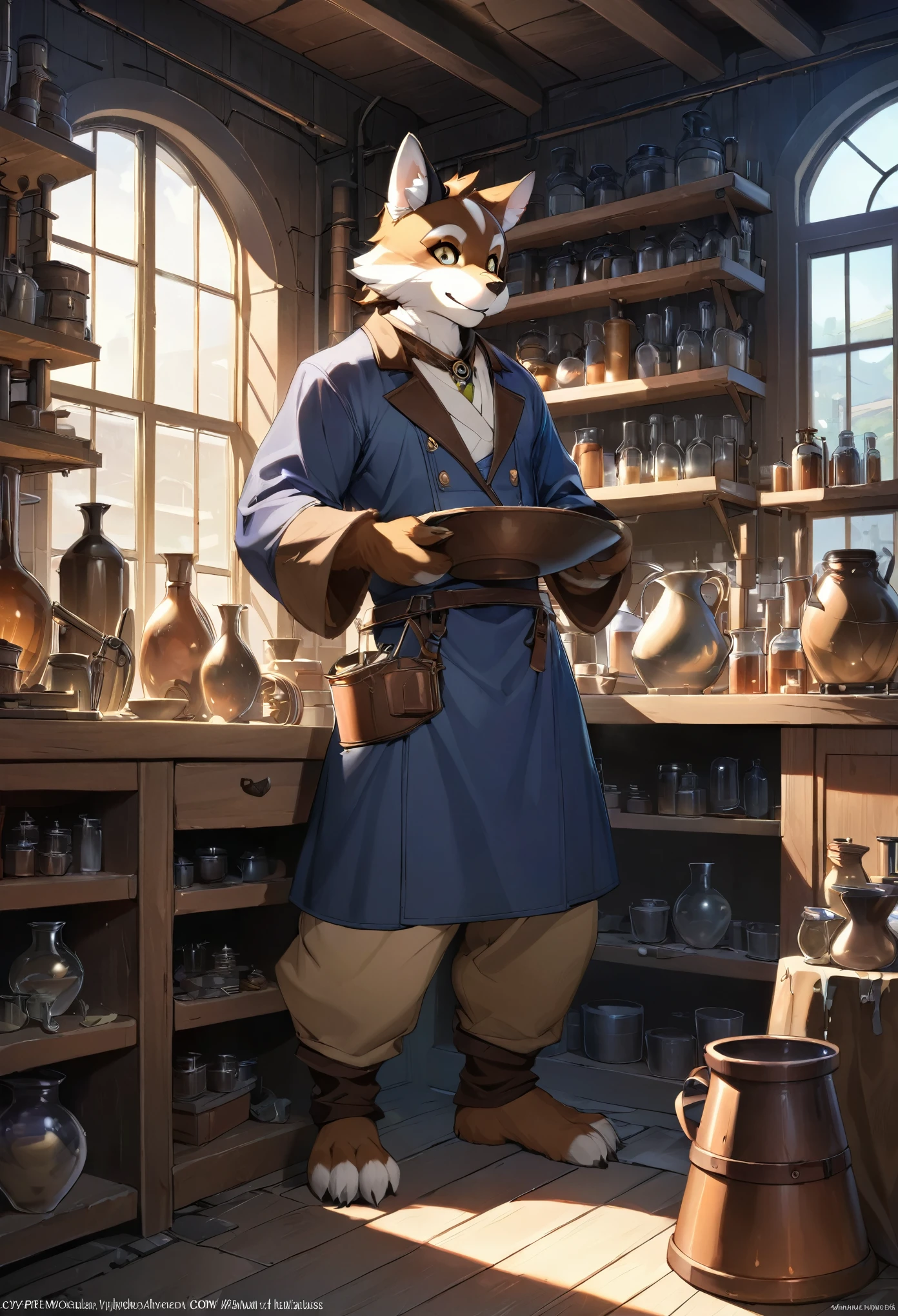 cover page, highres, top quality, best quality, paid reward available, unparalleled masterpiece, perfect artwork, absurdres, High-quality illustrations, super high resolution, detailed background, perfect ???????(1boy, solo, kemono, furry anthro, alchemist, Experimenting)many pottery, in room with many windows, in cluttered lab, in steampunk laboratory, fantasy alchemist laboratory, weapon shop interior, cinematic lighting,