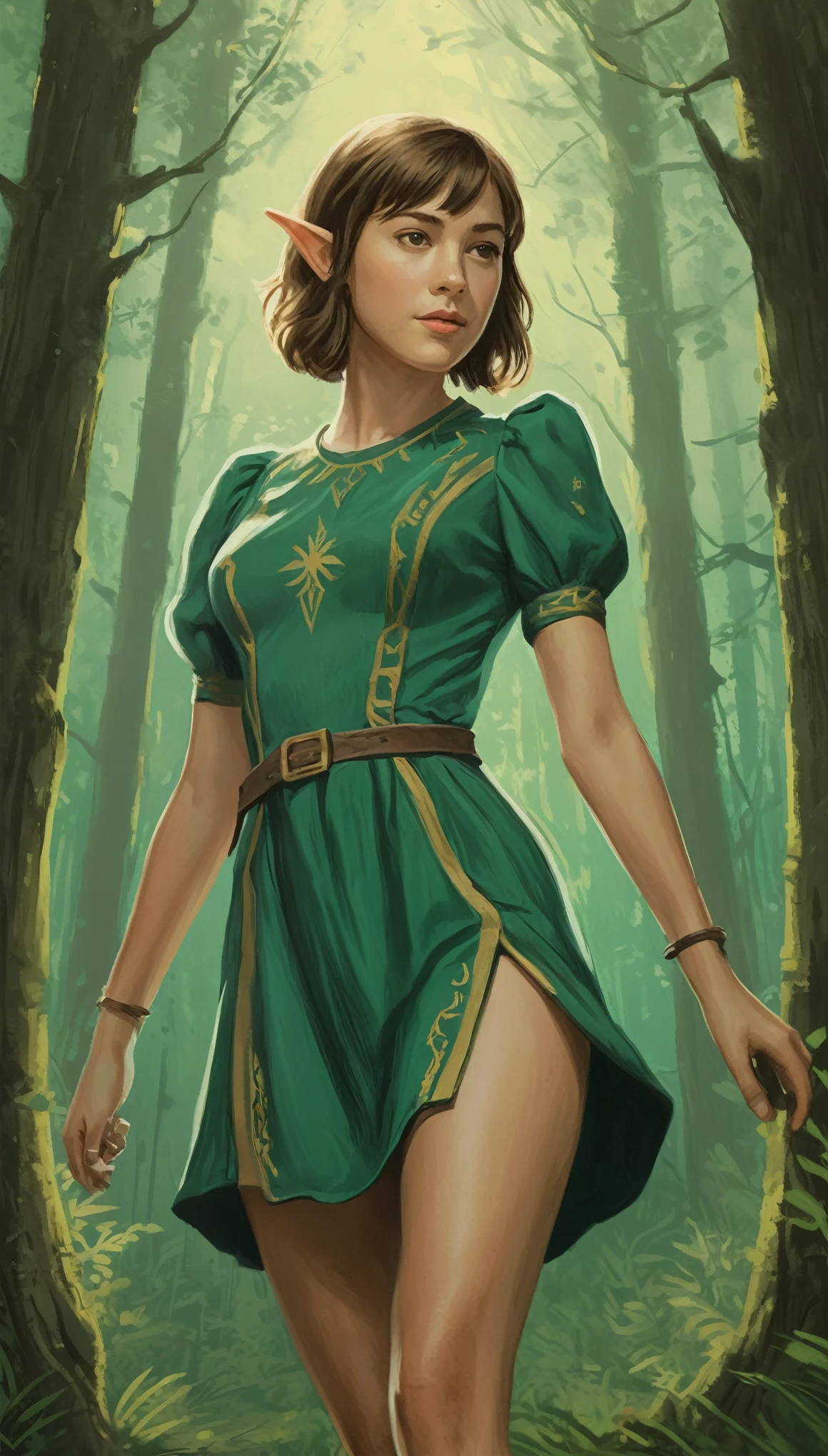 An illustrated movie poster, hand-drawn, full color, an elven woman, 20 years old, wearing a corduroy mini-dress, resembles Mary Elizabeth Winstead, sun-tanned skin, tall, curvaceous hourglass physique, thick powerful thighs, shaggy bob cut, elf ears, long pointy elven ears, posing in a boreal forest, hard shadows, graphite shading, stencil marks, airbrushed acrylic paint, masterpiece, in the style of Breath of the Wild