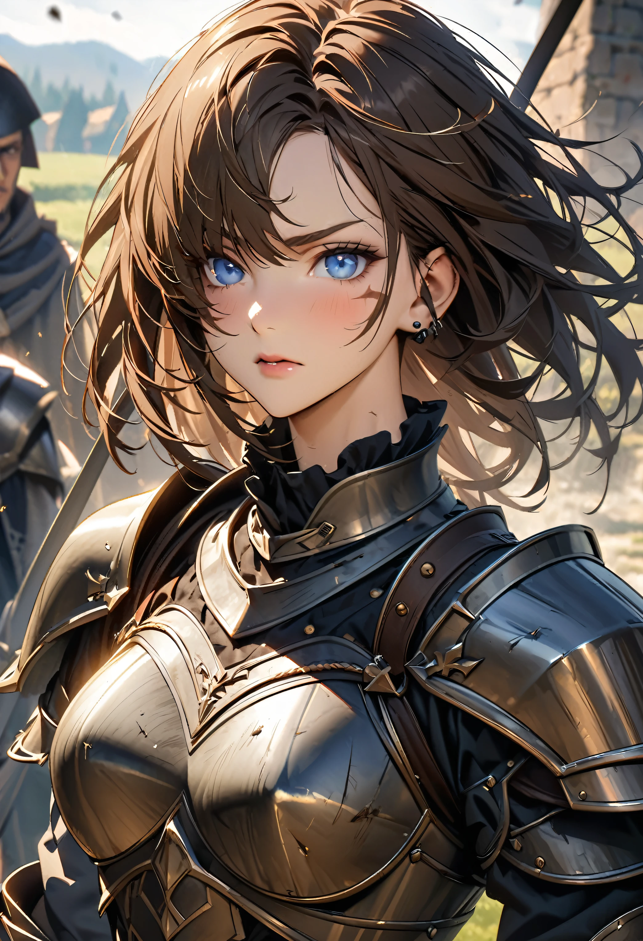 Create an anime-style, high-resolution digital portrait of a female knight in a dynamic pose. The character has short brown hair and piercing blue eyes, with a huge scar running across one eye. She wears old, worn-out simple steel plate armor, showing signs of many battles.The knight has a beautiful yet rugged appearance, with a tomboyish charm, muscular build, and well-defined six-pack abs.
The background is a medieval training field, slightly blurred to keep the focus on the character, using atmospheric perspective to enhance depth. This first-person view captures the knight's intense presence and the environment's mood. Ensure the highest quality with detailed textures, accurate features, and a masterpiece finish. Aim for 16k or 8k resolution to achieve an award-winning, ultra-detailed result.