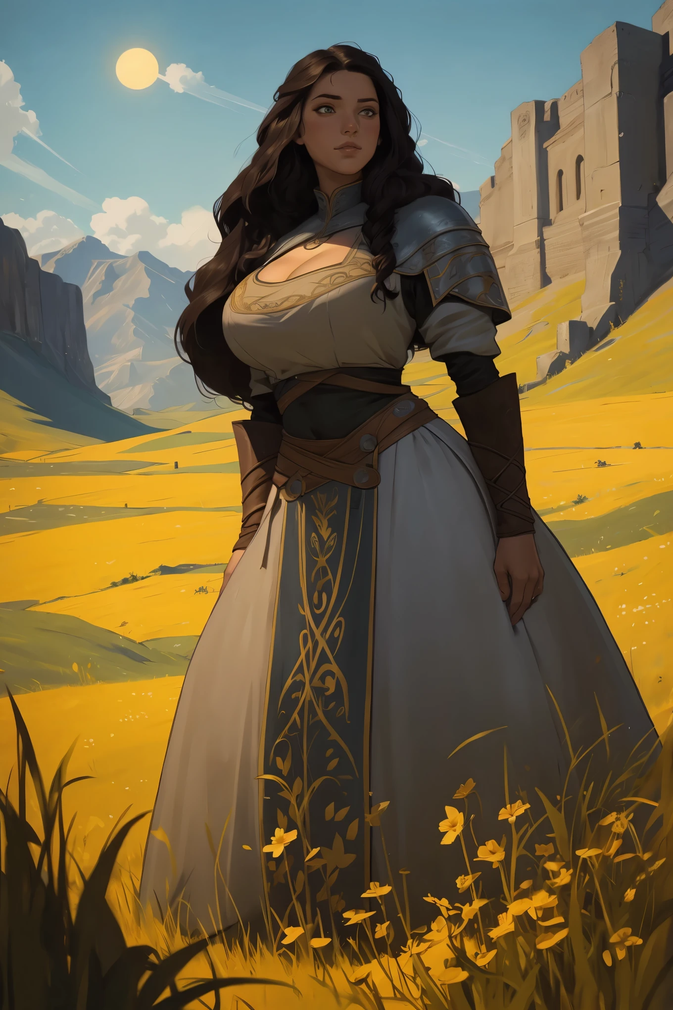 An illustrated movie poster, hand-drawn, full color, a Westerosi girl, 18 years-old, wearing a long regal dress, r sun-tanned complexion, tall, athletic, hourglass figure, busty, cleavage, toned midriff, bottom-heavy, generous hips, massive bubble-butt, ridiculously thick powerful thighs, dark hair, long hair, waist-length hair, posing in a field of wildflowers, hard shadows, graphite shading, stencil marks, airbrushed acrylic paint, masterpiece, in the style of Game of Thrones