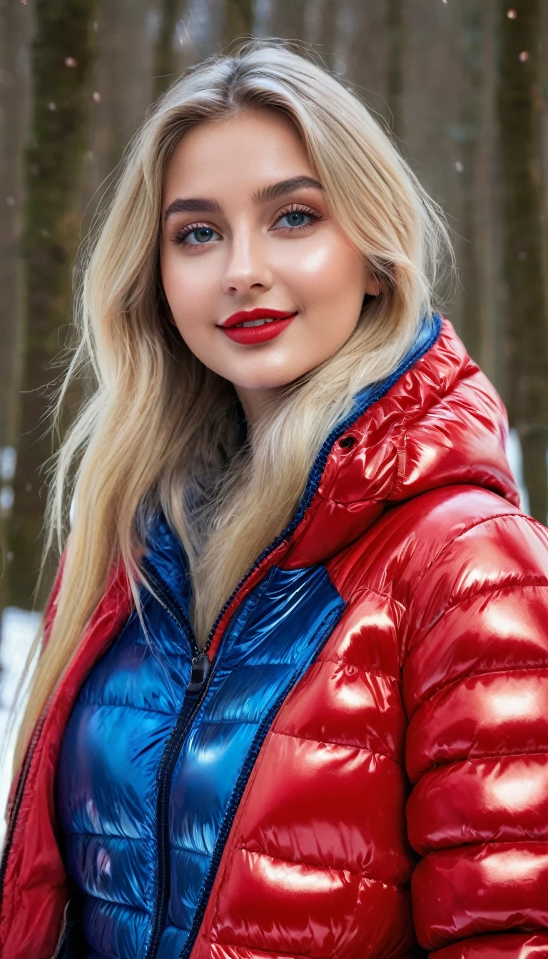 hyperrealistic beautiful busty 19-year-old woman with long legs wearing casual winter outfit with shiny blue vinyl puffer coat, model shooting full body photography, bleached blonde very long straight hair, soaky wet skin, dark eye makeup with eyeliner, seductive smile, red lips, 8K, Best quality, Meisterwerk, ultra high resolution, (Realismus: 1.4), Originalfoto, (realistische Hautstruktur: 1.3), (Filmkorn: 1.3), (Selfie-Winkel), 1 girl, Beautiful round hazel eyes and facial details, Meisterwerk, Best quality, outdoor photography
