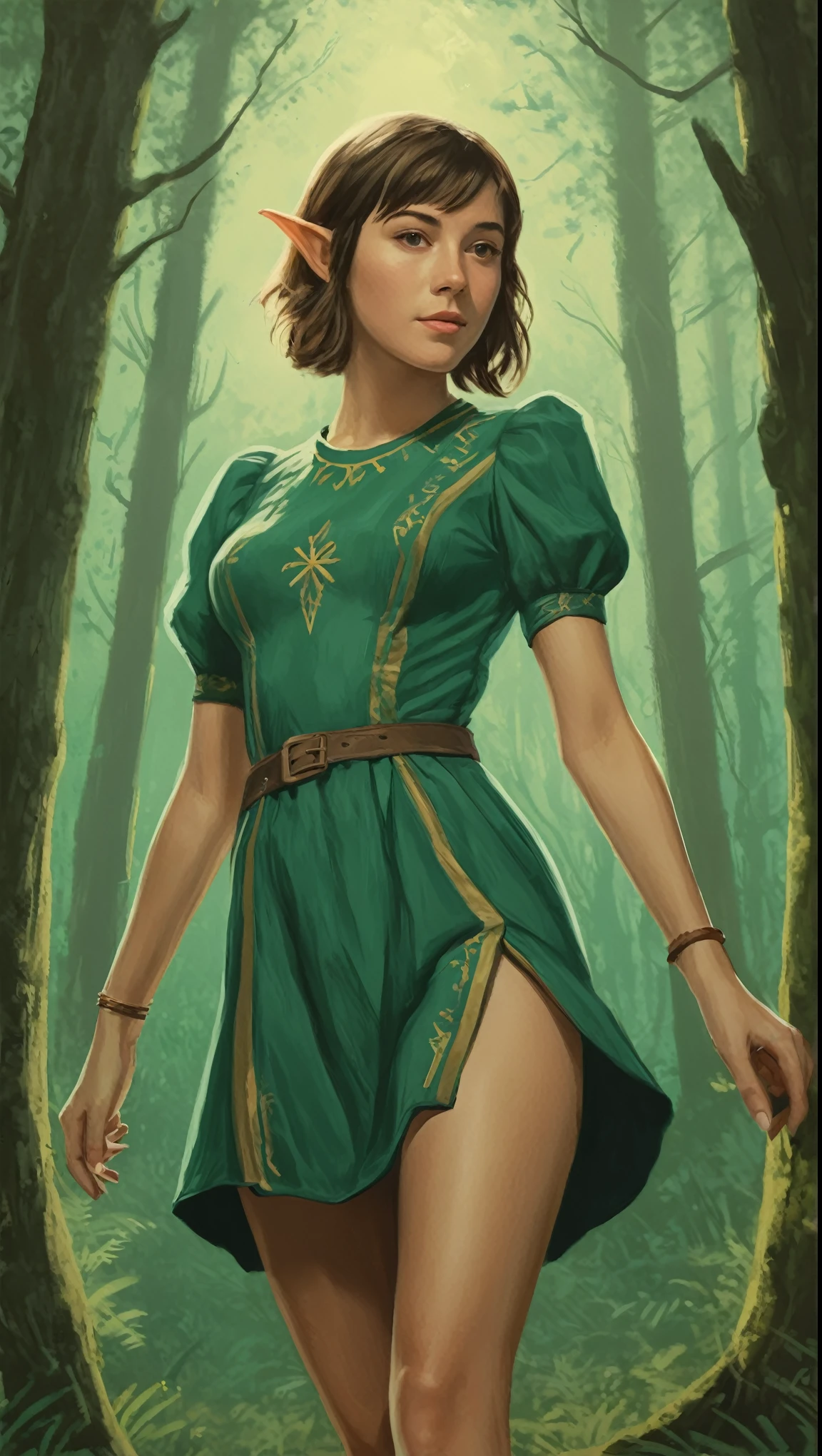 An illustrated movie poster, hand-drawn, full color, an elven woman, 20 years old, wearing a corduroy mini-dress, resembles Mary Elizabeth Winstead, sun-tanned skin, tall, curvaceous hourglass physique, thick powerful thighs, shaggy bob cut, elf ears, long pointy elven ears, posing in a boreal forest, hard shadows, graphite shading, stencil marks, airbrushed acrylic paint, masterpiece, in the style of Breath of the Wild