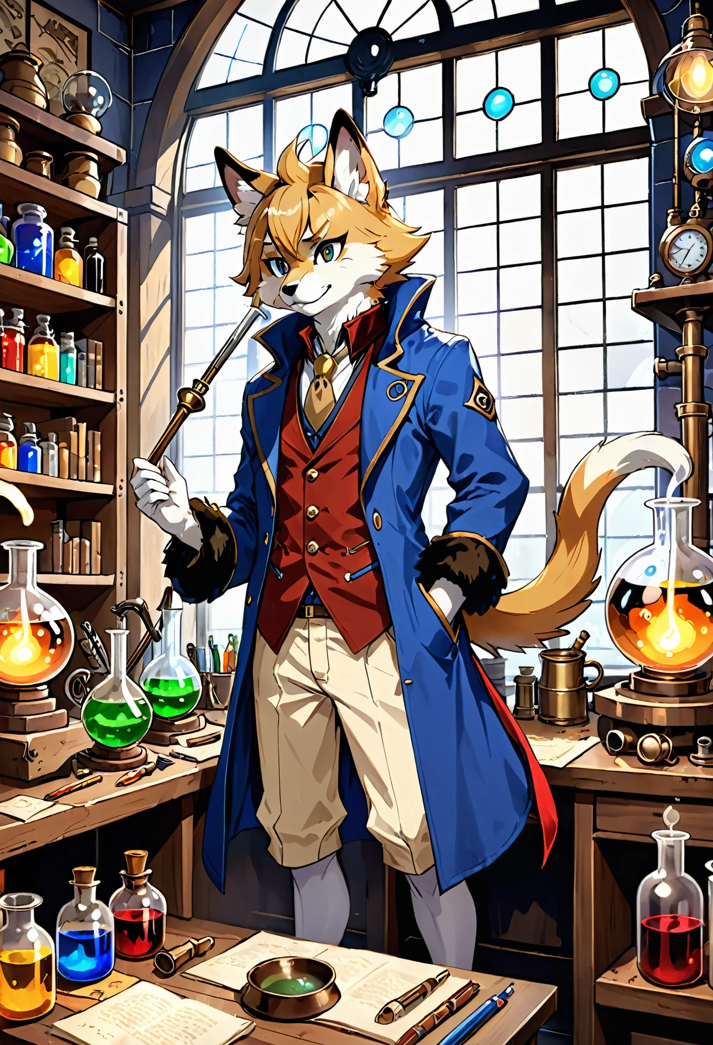 cover page, highres, top quality, best quality, paid reward available, unparalleled masterpiece, perfect artwork, absurdres, High-quality illustrations, super high resolution, detailed background, perfect anatomy(1boy, solo, kemono, furry anthro, alchemist, Experimenting)many pottery, in room with many windows, in cluttered lab, in steampunk laboratory, fantasy alchemist laboratory, weapon shop interior, cinematic lighting,