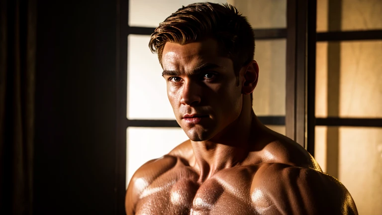 muscular shirtless Bobby Drake, X-Men, detailed facial features, brown hair, brown eyes, realistic lighting, cinematic, dramatic pose, high quality, 8K, photorealistic, chiaroscuro lighting, moody atmosphere, deep shadows, hyper-detailed skin, veiny muscular arms, dynamic action scene