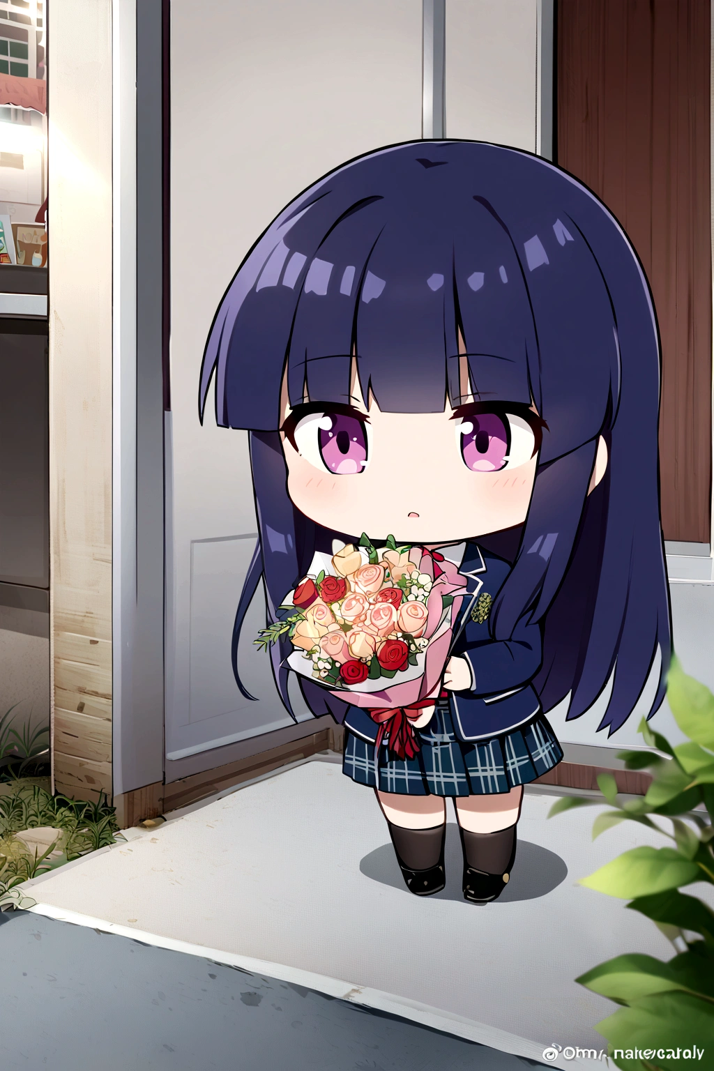 One Girl, alone, Full Autorica, cute, Blue Hair, Purple eyes, Long Hair, blunt bangs, bangs, , Blazer jacket、bouquet, Red ribbon、Chibi Anime