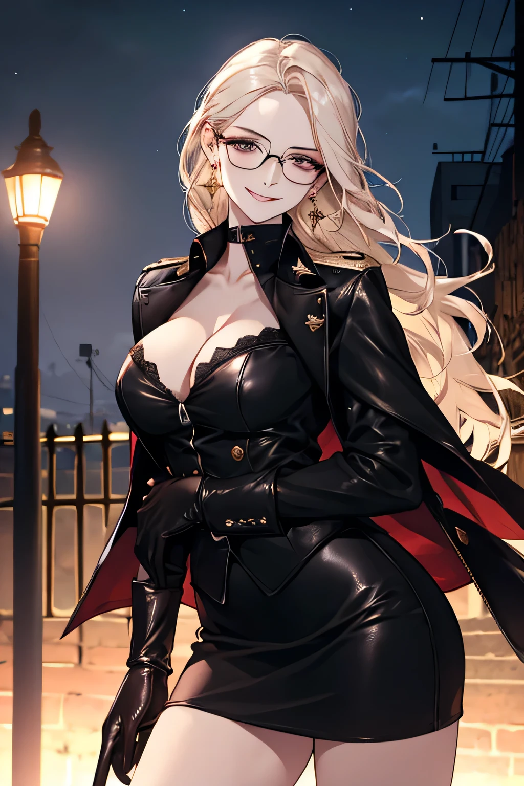 ( Detailed Description, High resolution,8k wallpaper,, masterpiece,best quality,Depth of Realm). A beautiful young woman、so beautiful、Anatomically accurate depiction,Platinum Blonde,Facial details、Glasses、Gold earrings in the ears(Provocative smile),(She is wearing a black military jacket、Black Leather Gloves,Wearing a tight black leather skirt)、(Large Breasts)、Cleavage,Accurate hand drawing. The background is a collapsed building,night,Street lamp.