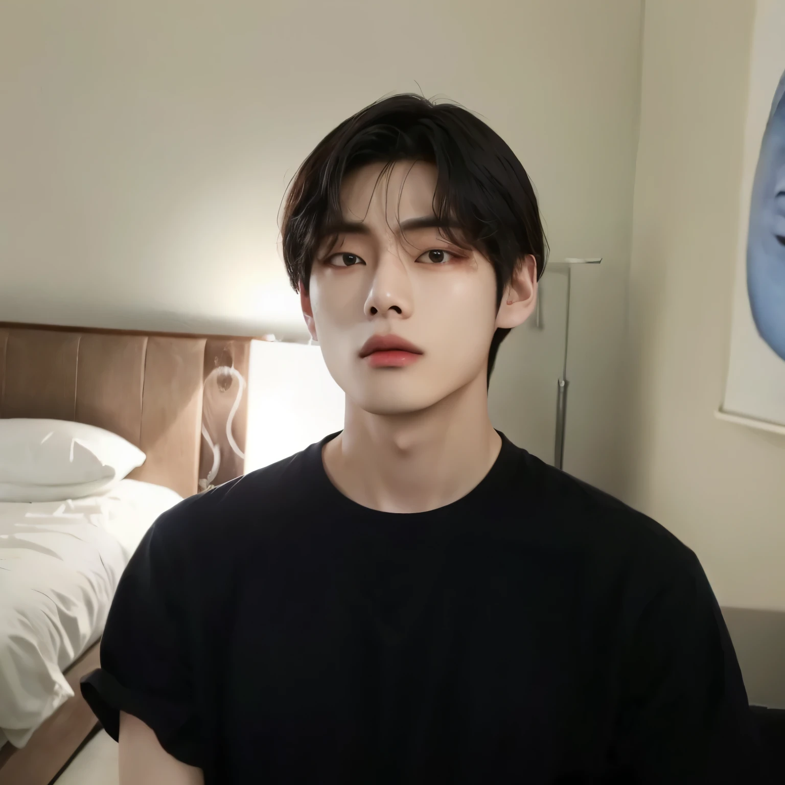 homem arafiado de camisa preta sentado na frente de uma cama, Jung Jaehyun, Kim Doyoung, Jinyoung Shin, pintar ulzzang, taejune kim, profile picture with headshot, hyung tae, homem sul-coreano, inspirado em jeonseok lee, he is wearing a black t-shirt, Yanjun Chengt, com rosto redondo, rosto bonito