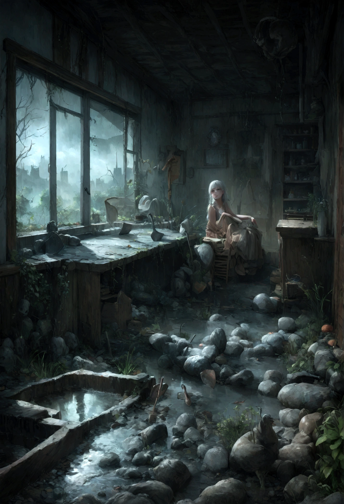 best quality,4k,High resolution,masterpiece:1.2,Extremely detailed,Practical:1.37,HDR,Ultra HD,Studio,fear,Goethe,Haunted garden, shovel in the mud, horrible,gloomy, Spooky atmosphere,Surrealism Art,,Dull shadows
