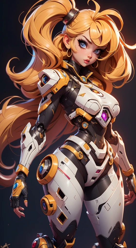 A fantz monster design, Cute robots in space [style-rustmagic]，female robot，Half-human, tmasterpiece，（tmasterpiece，top-quality，best qualityer）， 1girl， solo， long whitr hair， jewely， 耳Nipple Ring， with black background， looking at viewert， eBlue eyes， The upper part of the body， whaite hair， simple backgound， By bangs， Hand up， Hair decoration， From the side Side， light particules， exposed bare shoulders， glittery， longer sleeves， nedium breasts， blond hairbl， shift dresses， As estrelas （sigature）， cparted lips， eyeslashes