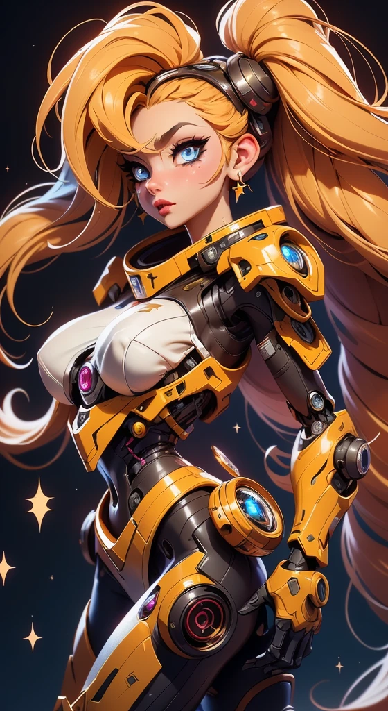 A fantz monster design, Cute robots in space [style-rustmagic]，female robot，Half-human, tmasterpiece，（tmasterpiece，top-quality，best qualityer）， 1girl， solo， long whitr hair， jewely， 耳Nipple Ring， with black background， looking at viewert， eBlue eyes， The upper part of the body， whaite hair， simple backgound， By bangs， Hand up， Hair decoration， From the side Side， light particules， exposed bare shoulders， glittery， longer sleeves， nedium breasts， blond hairbl， shift dresses， As estrelas （sigature）， cparted lips， eyeslashes