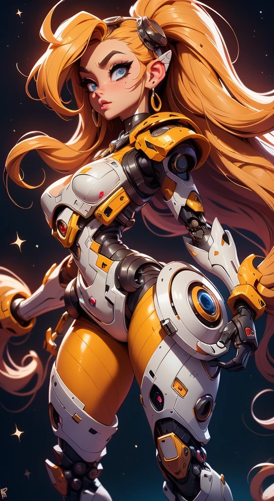A fantz monster design, Cute robots in space [style-rustmagic]，female robot，Half-human, tmasterpiece，（tmasterpiece，top-quality，best qualityer）， 1girl， solo， long whitr hair， jewely， 耳Nipple Ring， with black background， looking at viewert， eBlue eyes， The upper part of the body， whaite hair， simple backgound， By bangs， Hand up， Hair decoration， From the side Side， light particules， exposed bare shoulders， glittery， longer sleeves， nedium breasts， blond hairbl， shift dresses， As estrelas （sigature）， cparted lips， eyeslashes