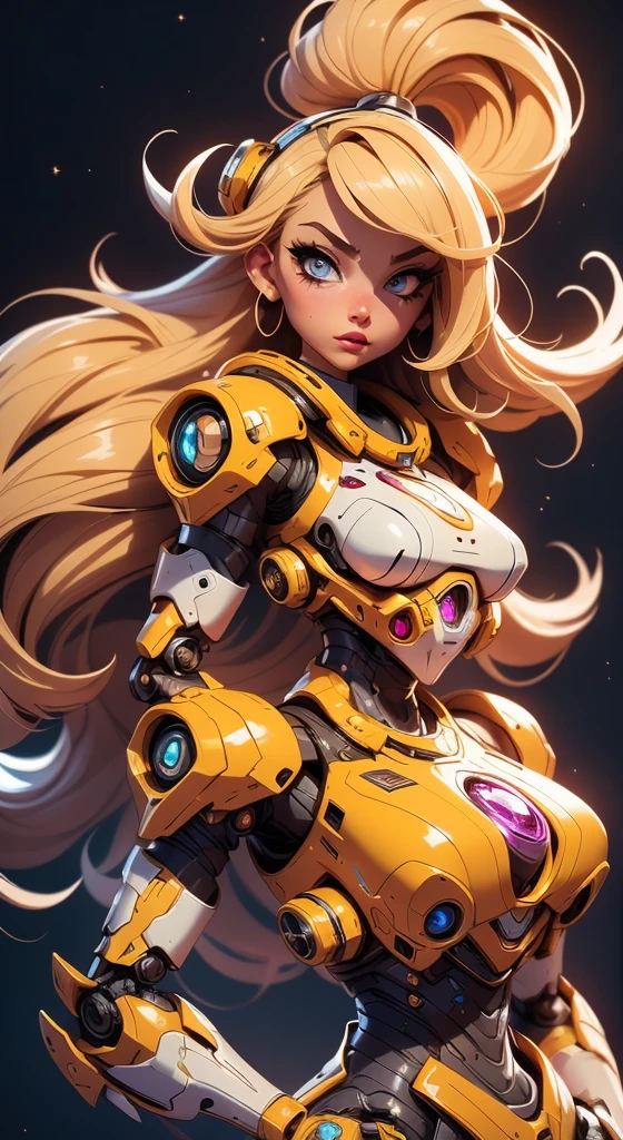 A fantz monster design, Cute robots in space [style-rustmagic]，female robot，Half-human, tmasterpiece，（tmasterpiece，top-quality，best qualityer）， 1girl， solo， long whitr hair， jewely， 耳Nipple Ring， with black background， looking at viewert， eBlue eyes， The upper part of the body， whaite hair， simple backgound， By bangs， Hand up， Hair decoration， From the side Side， light particules， exposed bare shoulders， glittery， longer sleeves， nedium breasts， blond hairbl， shift dresses， As estrelas （sigature）， cparted lips， eyeslashes