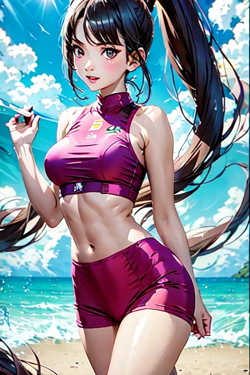 (8K, top-quality, masterpiece: 1.2),
(reallistic, Photorealistic: 1.2),
A beautiful Thai girl with big breasts,
Narrow waist, and slim thighs,
Wears a skintight beach volleyball uniform.

Detail:
(Ultra-detailed: 1.3),
,
Her long, dark hair flows freely in the wind,
she has small breasts, small breasts
she has good style
Her slim thighs reveal her athletic leg muscles.

(High resolution: 1.1),
She proudly showcases her toned abs,