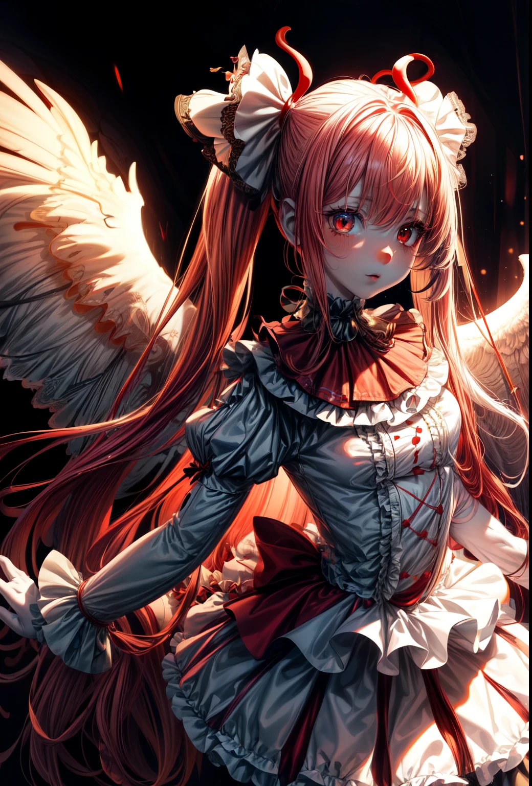 (extremely detailed CG unity 4k wallpaper),(masterpiece),(best quality),(ultra-detailed),(best illustration),(best shadow),(absurdres),(Detailed background), Pale skin, Clown girl, Clown make up, White and red clown girl dress, White stockings, Very long red hair (Pigtails), Glowing yellow eyes, 2 hands,