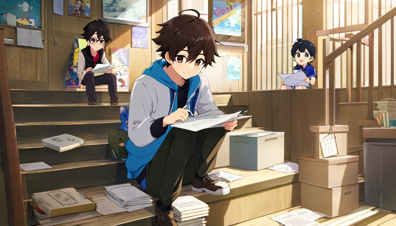 anime boy sitting on steps with papers and papers in hand, guweiz, artwork in the style of guweiz, kawacy, official art, anime boy, in the anime film, guweiz on pixiv artstation, anime visual of a cute girl, guweiz masterpiece, today's featured anime still, guweiz on artstation pixiv