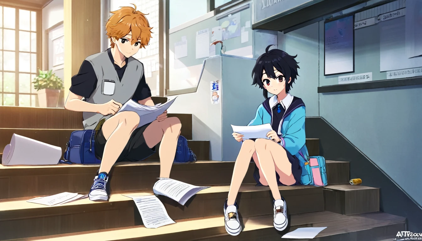 anime boy sitting on steps with papers and papers in hand, guweiz, artwork in the style of guweiz, kawacy, official art, anime boy, in the anime film, guweiz on pixiv artstation, anime visual of a cute girl, guweiz masterpiece, today's featured anime still, guweiz on artstation pixiv