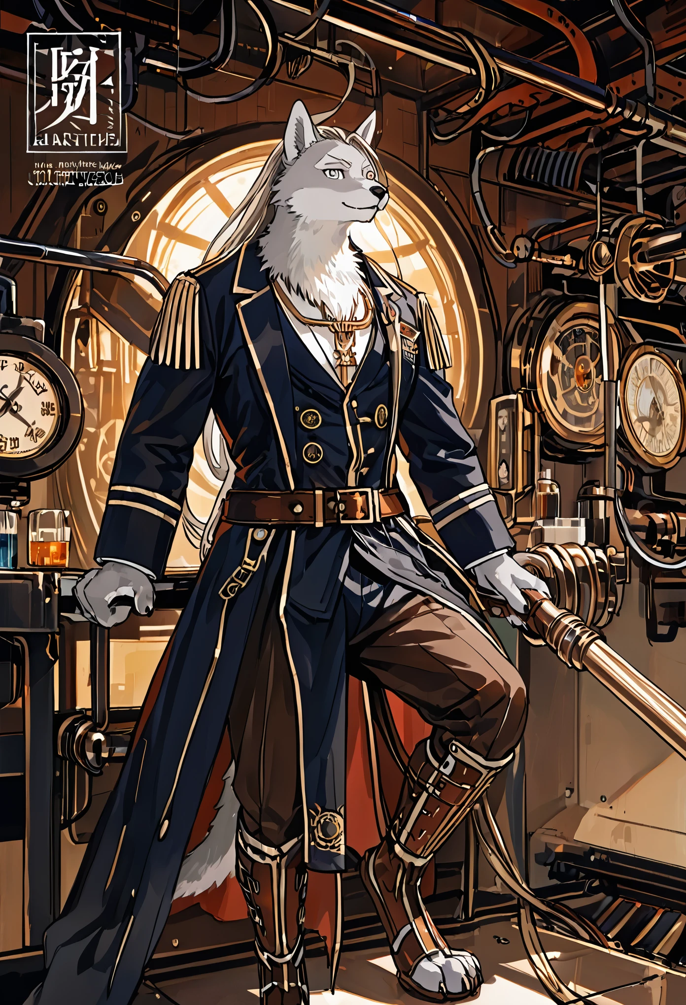 cover page, highres, top quality, best quality, paid reward available, unparalleled masterpiece, perfect artwork, absurdres, High-quality illustrations, super high resolution, detailed background, perfect anatomy(1boy, solo, kemono, furry anthro, alchemist, Experimenting)many pottery, in room with many windows, in cluttered lab, in steampunk laboratory, fantasy alchemist laboratory, weapon shop interior, cinematic lighting,