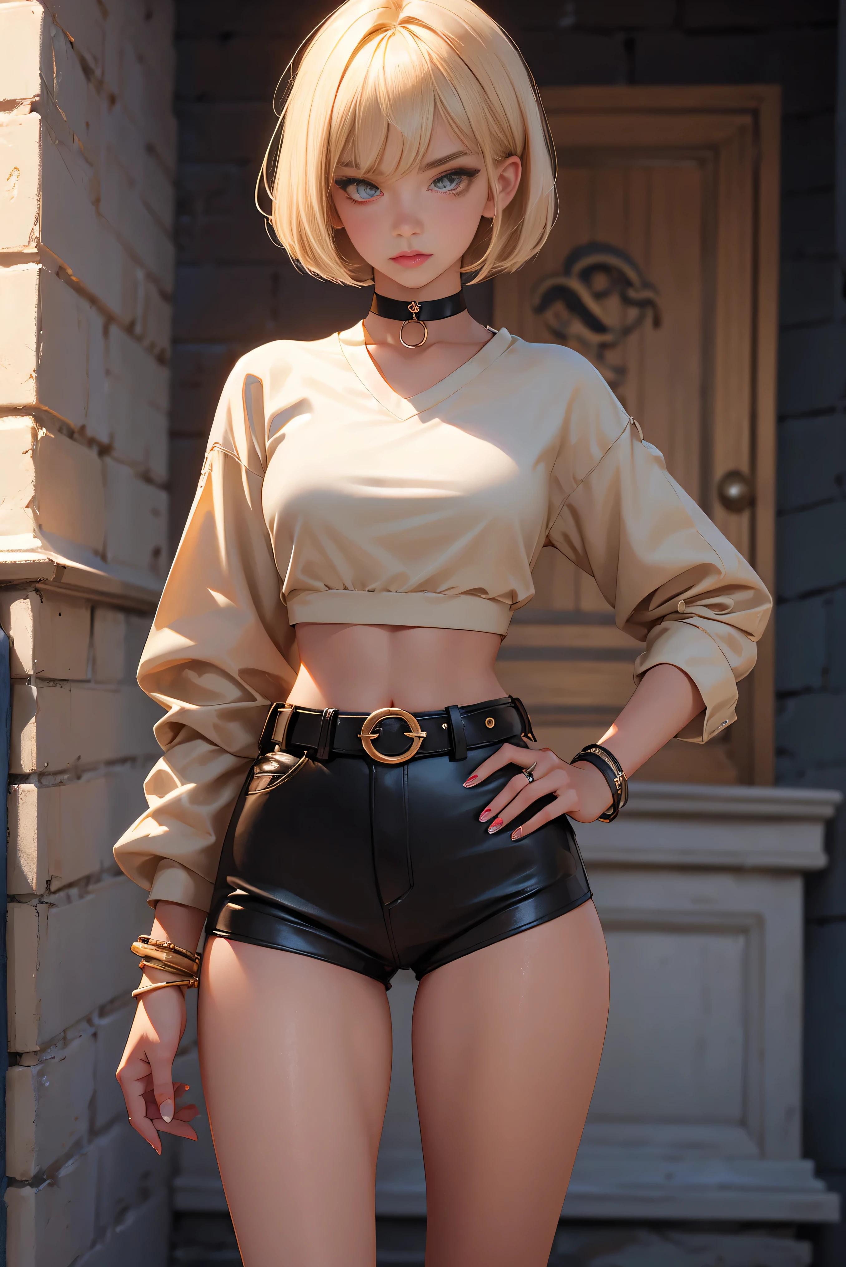 age girl 20 years old, model, blonde, bob hairstyle, bangs, makeup, manicure, very tanned, crop sleeve shirt, very short mini shorts, bracelets, choker, belt, beautiful long legs, beautiful thigh line, hands on hips, flirty posing, dungeon, haunted castle, aesthetics, top quality