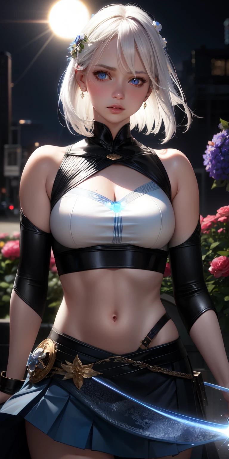 realistic, 1 , white hair, blue eyes, glowing eyes, crop top, skirt, parted lips, blush, night, flowers, sun, sunlight,