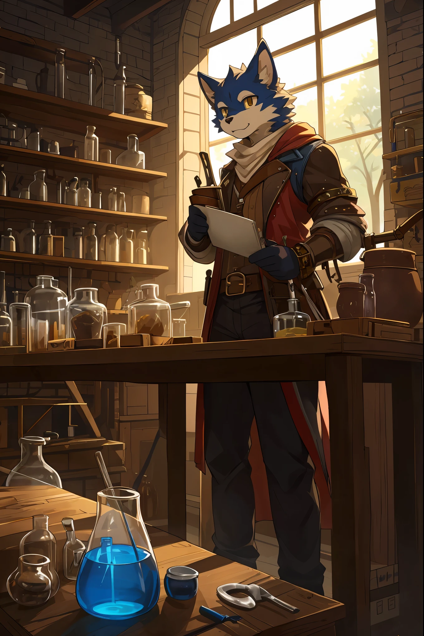cover page, highres, top quality, best quality, paid reward available, unparalleled masterpiece, perfect artwork, absurdres, High-quality illustrations, super high resolution, detailed background, perfect anatomy(1boy, solo, kemono, furry anthro, alchemist, Experimenting)many pottery, in room with many windows, in cluttered lab, in steampunk laboratory, fantasy alchemist laboratory, weapon shop interior, cinematic lighting,