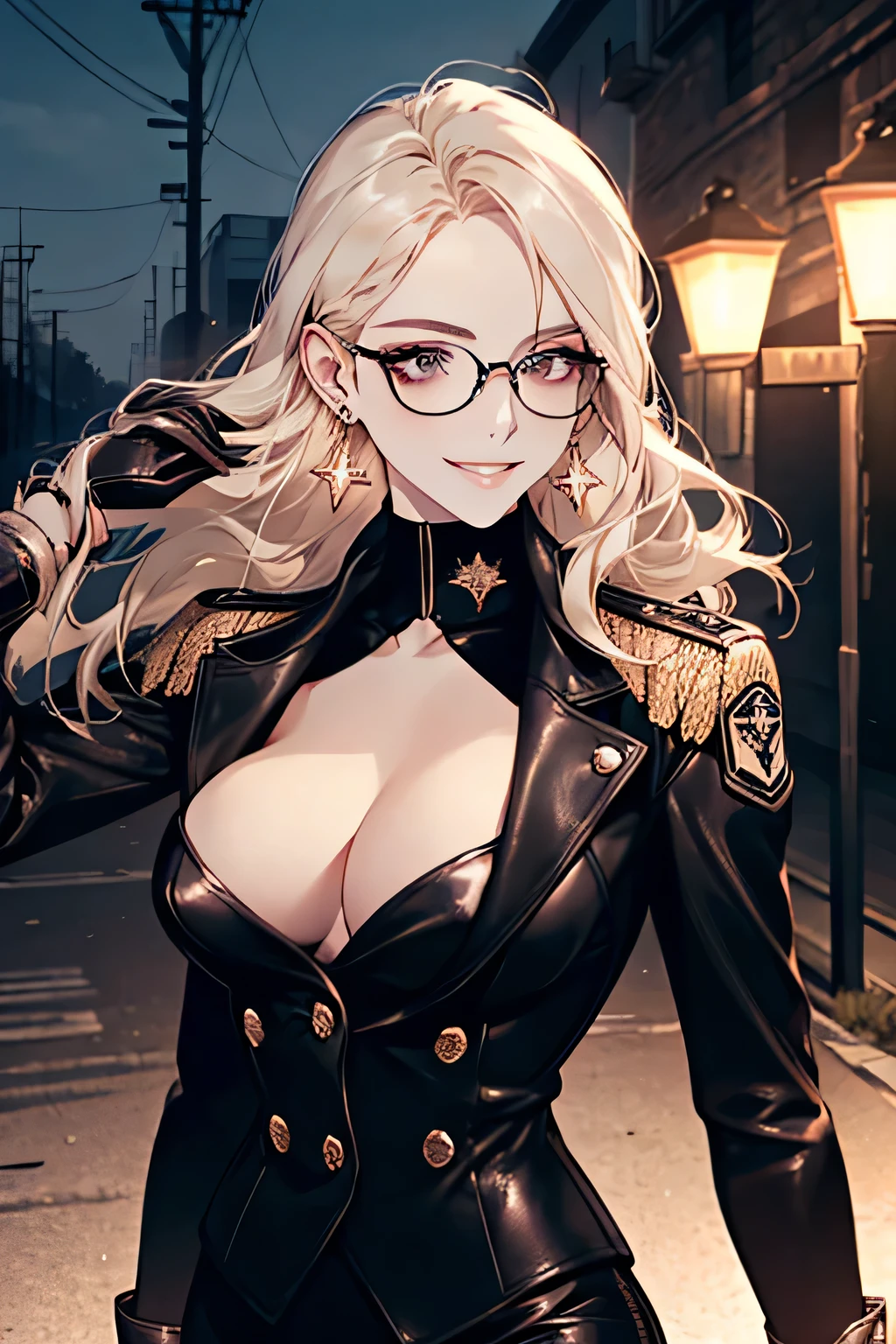 ( Detailed Description, High resolution，8k wallpaper，, masterpiece，best quality,Depth of Realm).                                                                     A beautiful young woman、so beautiful、Anatomically accurate depiction，Platinum Blonde，Facial details、Glasses、Gold earrings in the ears(Provocative smile),（She is wearing a black military jacket、Black Leather Gloves，Wearing a tight black leather skirt）、(Large Breasts)、Cleavage，Accurate hand drawing.                     The background is a collapsed building，night，Street lamp.