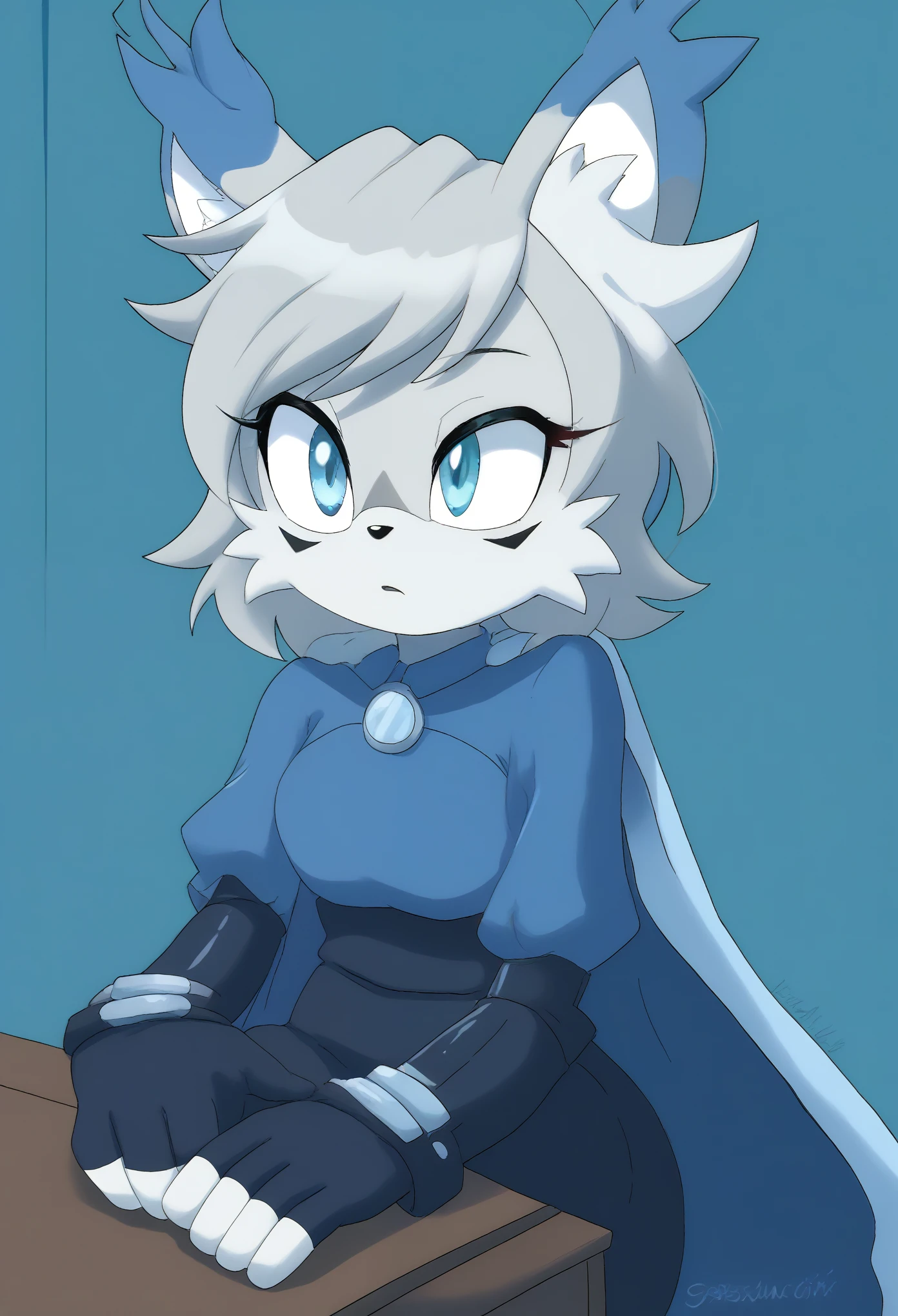 (1girl), (solo), Female Lynx, light gray fur, short hair, large hair bang, side locks, hair over shoulders, light blue eyes, (light blue poncho), light blue cape, navy blue dress, gloves with fluffy cuffs, eyelashes, mobian, Mobius city, half body, interrogation room, sitting at table, puzzled expression