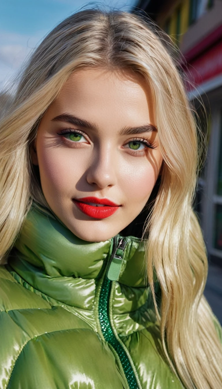 hyperrealistic beautiful busty 19-year-old woman with long legs wearing casual winter outfit with shiny grass green vinyl puffer coat, model shooting full body photography, bleached blonde very long straight hair, soaky wet skin, dark eye makeup with eyeliner, seductive smile, red lips, 8K, Best quality, Meisterwerk, ultra high resolution, (Realismus: 1.4), Originalfoto, (realistische Hautstruktur: 1.3), (Filmkorn: 1.3), (Selfie-Winkel), 1 girl, Beautiful round hazel eyes and facial details, Meisterwerk, Best quality, outdoor photography