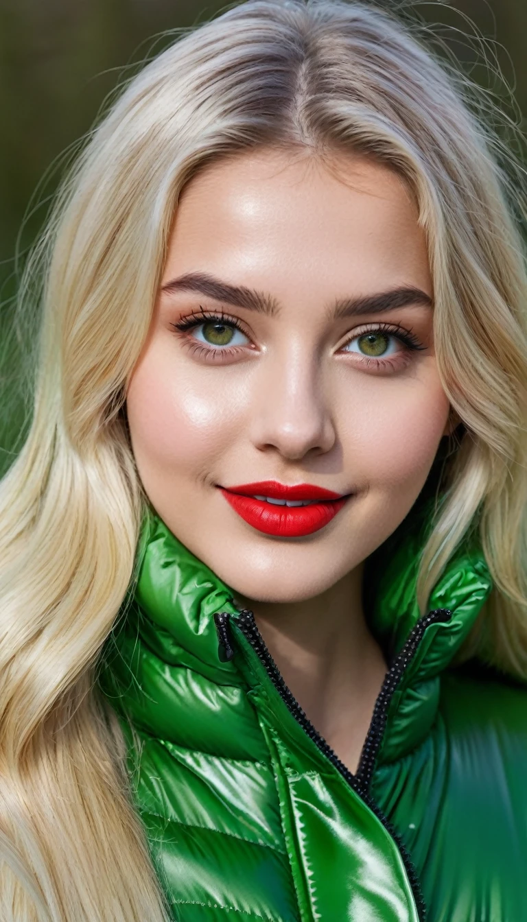 hyperrealistic beautiful busty 19-year-old woman with long legs wearing casual winter outfit with shiny grass green vinyl puffer coat, model shooting full body photography, bleached blonde very long straight hair, soaky wet skin, dark eye makeup with eyeliner, seductive smile, red lips, 8K, Best quality, Meisterwerk, ultra high resolution, (Realismus: 1.4), Originalfoto, (realistische Hautstruktur: 1.3), (Filmkorn: 1.3), (Selfie-Winkel), 1 girl, Beautiful round hazel eyes and facial details, Meisterwerk, Best quality, outdoor photography