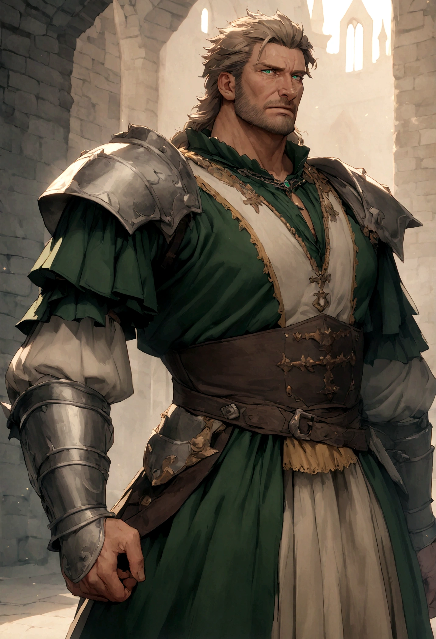 1 handsome mature man, 8k, perfect, 38 years old age grand duke, medieval times, detailed face, detailed eyes, detailed nose, detailed costume, light brown hair, esmerald green eyes, stocky, muscular body