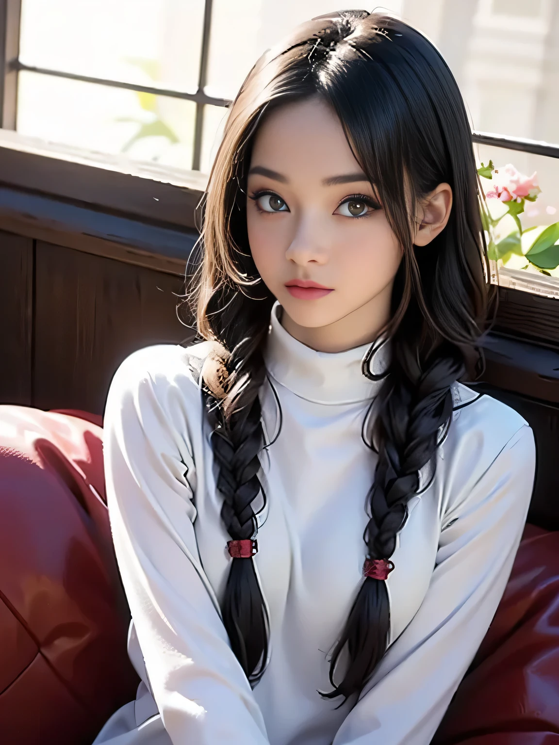 (photorealistic:1.5), (solo, one girl:1.5),(shine a bright light on women),(ultimate beautiful girl:1.5),(shiny skin),(oily skin),(Long braids Hair:1.3),(use pink glossy lips),(sweet smelling girl),(virgin girl:2.0),chuuChloe,(cute:1.3),(relaxing time:1.5),(Sexy lips),flowers,(very large eyes:1.6),(high nose),(sheer Turtleneck shirt),(thin clothes),(animation face:1.5),(Small breasts),(flat chest),(Pure),