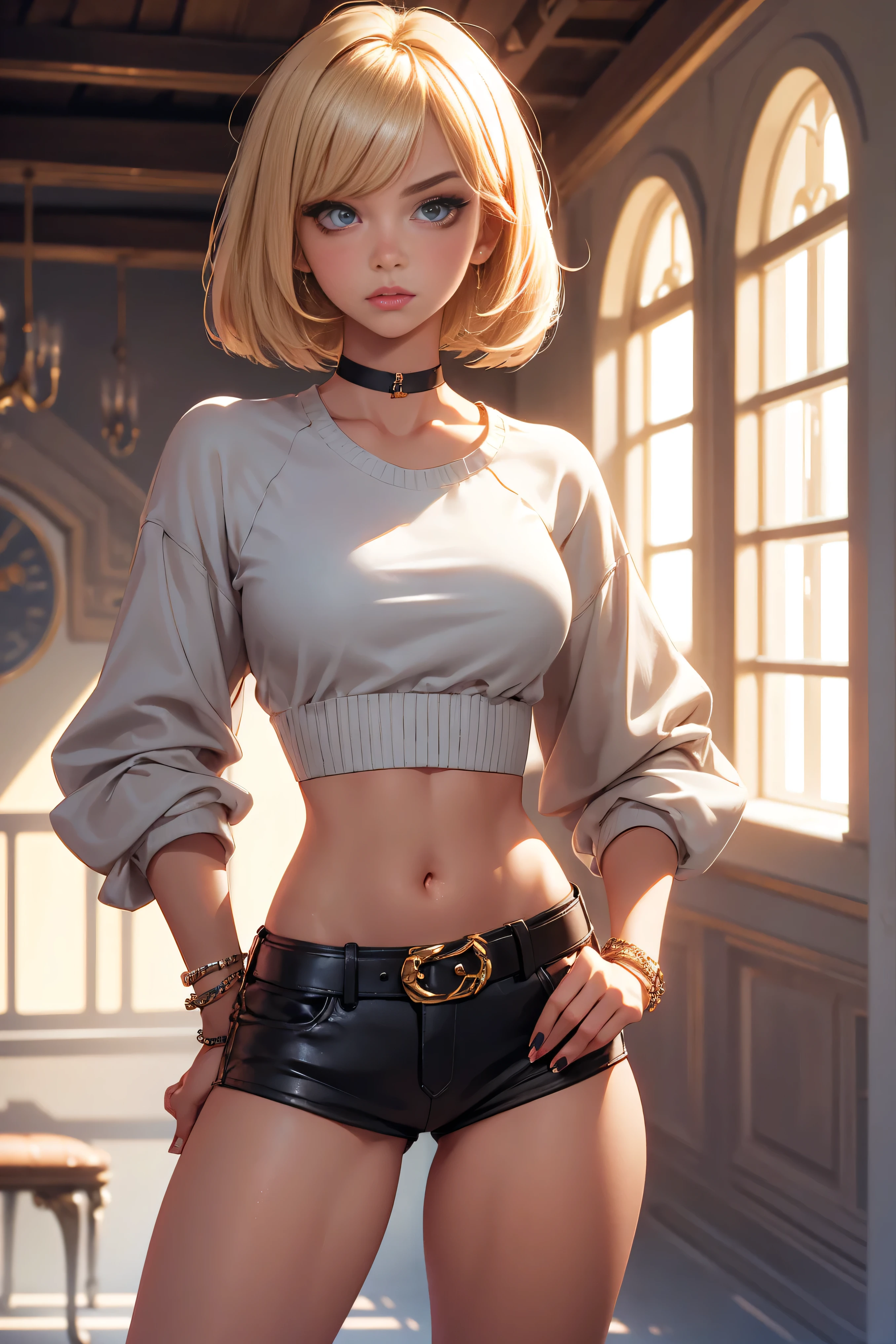 Teenage girl 20 years old, model, blonde, bob hairstyle, bangs, makeup, manicure, very tanned, crop sleeve shirt, very short mini shorts, bracelets, choker, belt, beautiful long legs, beautiful thigh line, hands on hips, flirty posing, dungeon, haunted castle, aesthetics, top quality