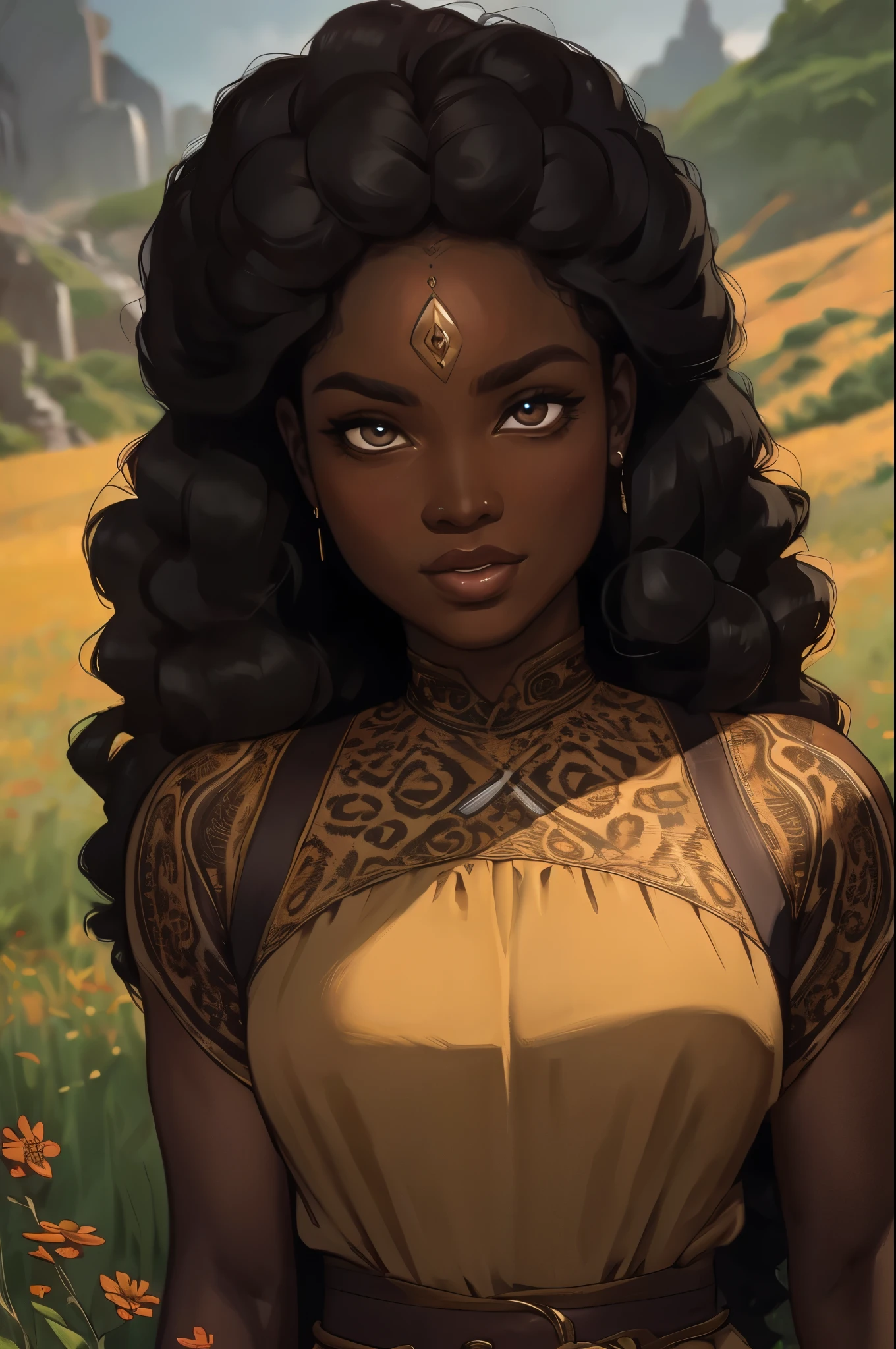 40yo, afro woman, dark-skinned, wearing a revealing chiton dress, leopard print dress, ((afro hair, long loose curls, waist-length hair), posing in a meadow of wildflowers, | (8k, RAW photo, best quality, masterpiece:1.2), ultra-detailed, (high detailed skin:1.2), 8k uhd, dslr, soft lighting, high quality, ((upper body)), (centered:1.2), ((LOOKING at the VIEWER)), asura, film grain, highly detailed shading, ((perfect_hands):1), Goodhands-beta2,