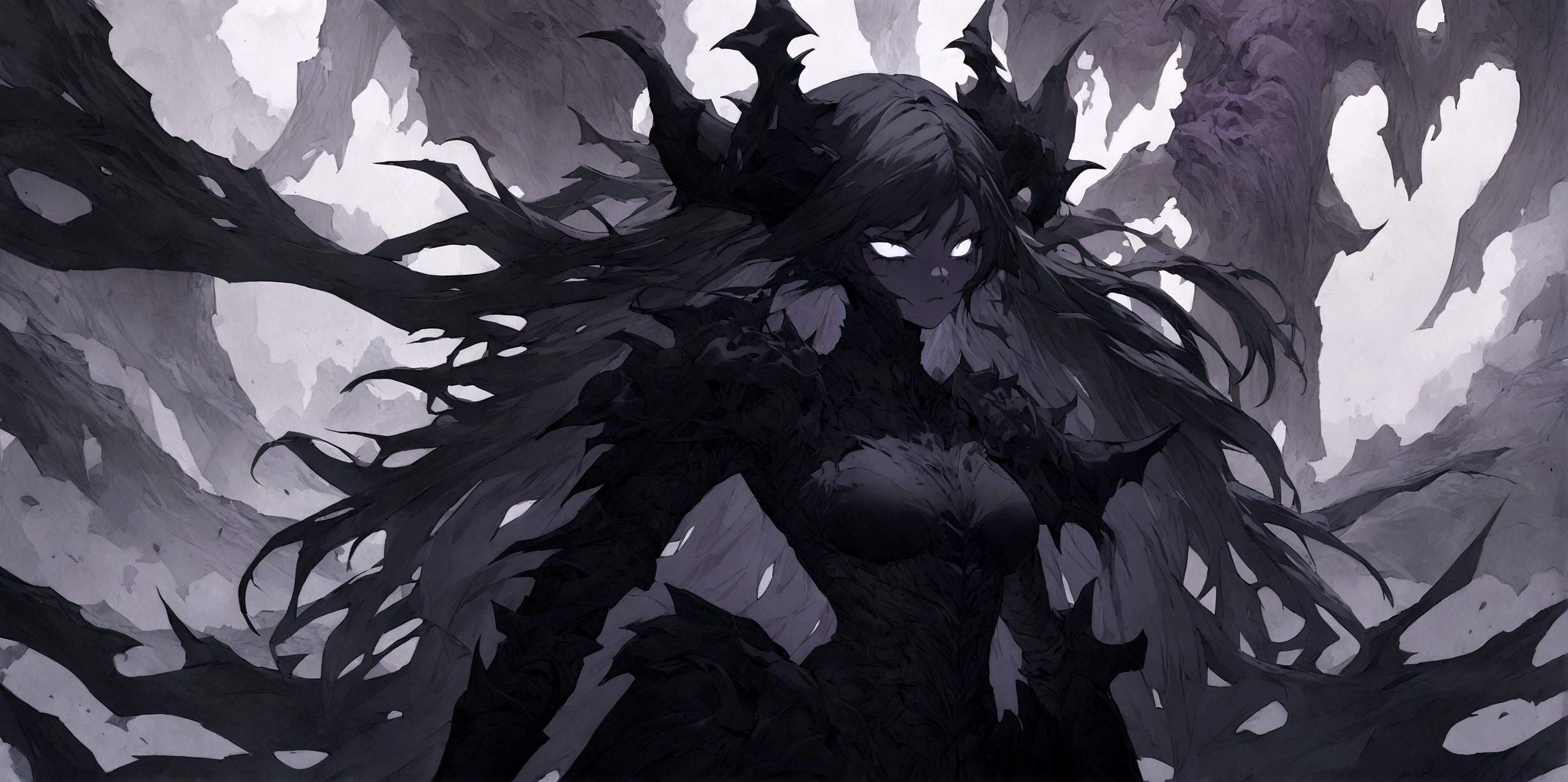 (well done:1) woman, short yellow slightly wavy hair, black horns and a black areola, white eyes, The arm starts at the top with a very light, almost white skin color. As it travels down the arm, the color gradually changes to a smoky gray that becomes increasingly darker. This transition is smooth and looks like a shadow effect or spots that spread across the arm. The lower part of the arm and the hand are completely black. The arm is thin and elongated, giving an almost skeletal appearance. The fingers are long, thin and well articulated, with visibly defined joints. The hand and fingers have a somewhat angular and tapered shape, which gives the impression of claws or something similar. The skin texture appears smooth, but there is a sheen that suggests a moist or oily surface. gray hooded sweatshirt, loose black pants, black flip-flops.