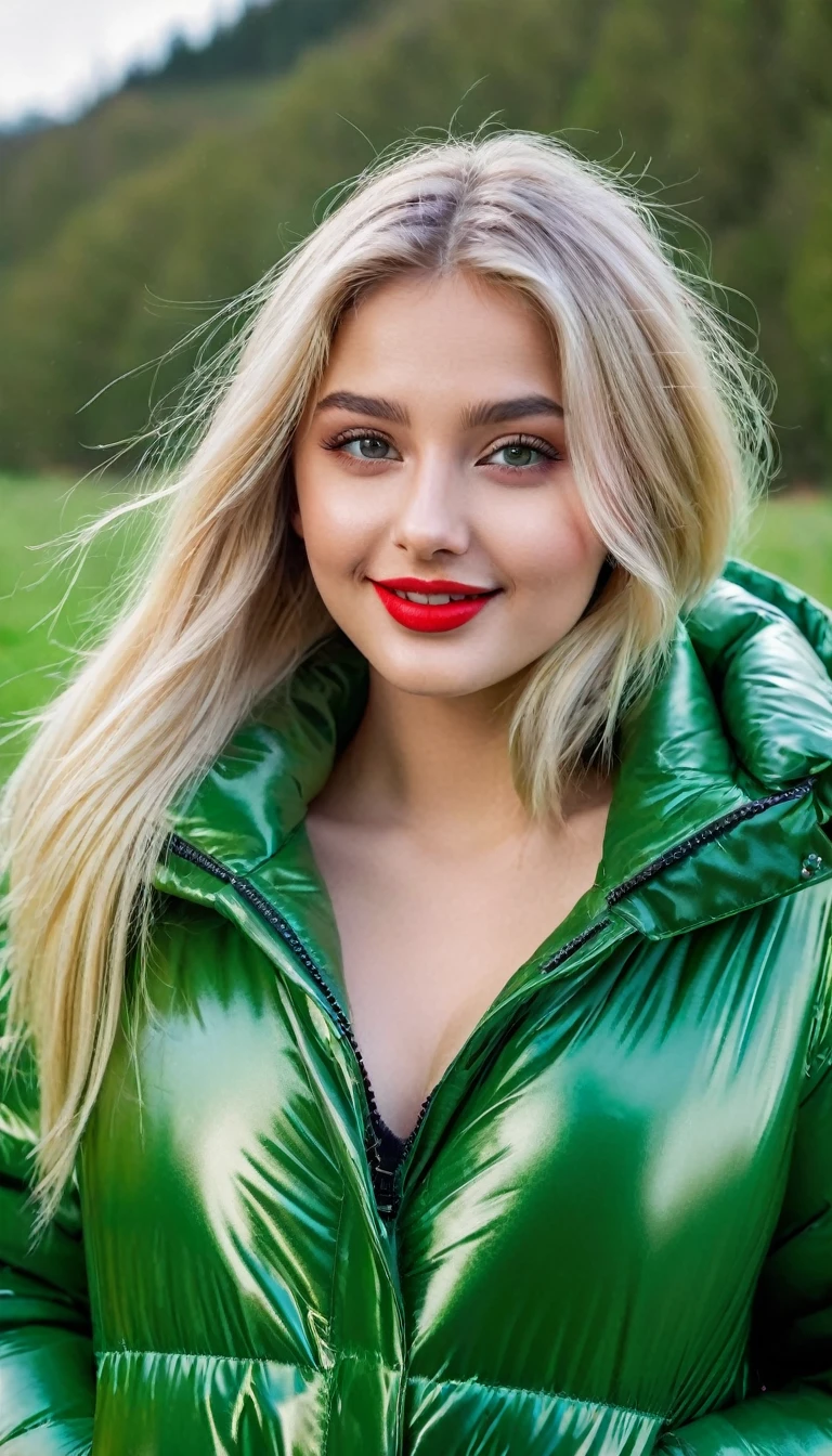 hyperrealistic beautiful busty 19-year-old woman with long legs wearing casual winter outfit with shiny grass green vinyl puffer coat, model shooting full body photography, bleached blonde very long straight hair, soaky wet skin, dark eye makeup with eyeliner, seductive smile, red lips, 8K, Best quality, Meisterwerk, ultra high resolution, (Realismus: 1.4), Originalfoto, (realistische Hautstruktur: 1.3), (Filmkorn: 1.3), (Selfie-Winkel), 1 girl, Beautiful round hazel eyes and facial details, Meisterwerk, Best quality, outdoor photography
