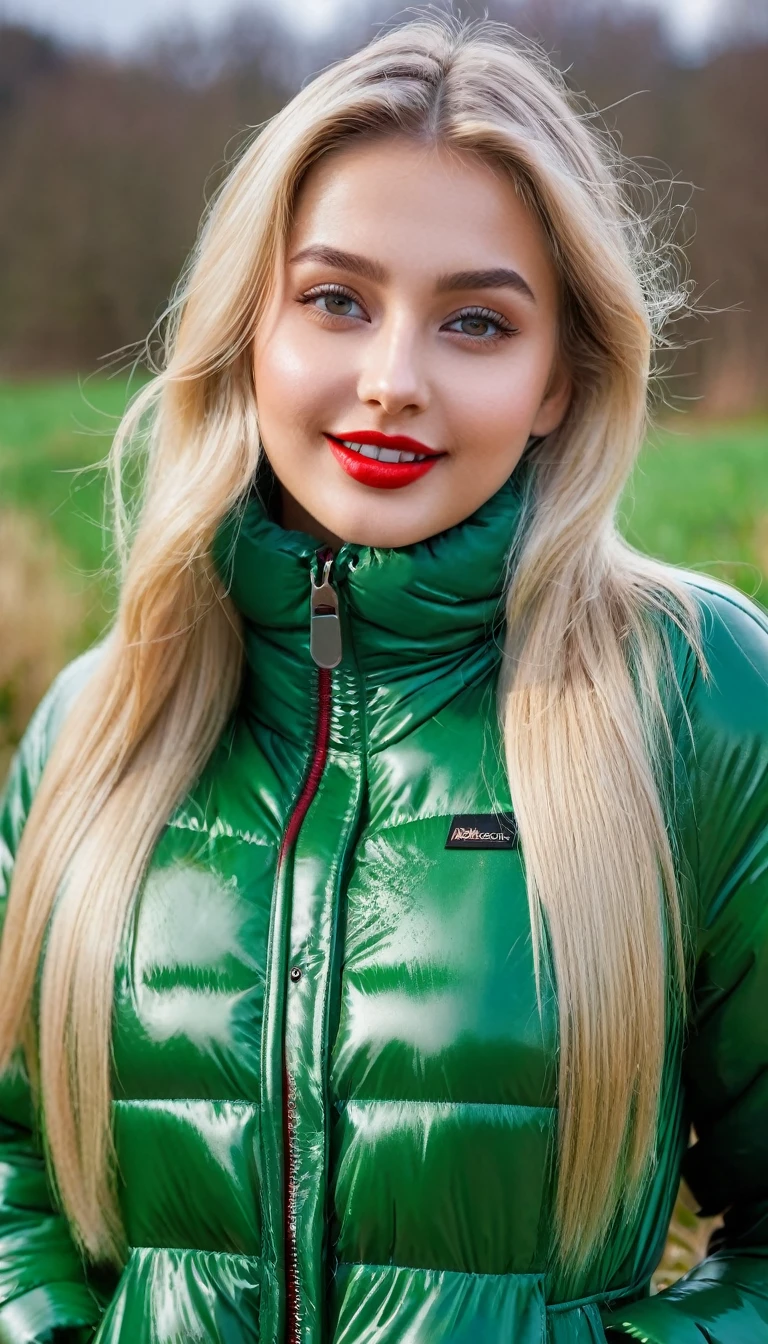 hyperrealistic beautiful busty 19-year-old woman with long legs wearing casual winter outfit with shiny grass green vinyl puffer coat, model shooting full body photography, bleached blonde very long straight hair, soaky wet skin, dark eye makeup with eyeliner, seductive smile, red lips, 8K, Best quality, Meisterwerk, ultra high resolution, (Realismus: 1.4), Originalfoto, (realistische Hautstruktur: 1.3), (Filmkorn: 1.3), (Selfie-Winkel), 1 girl, Beautiful round hazel eyes and facial details, Meisterwerk, Best quality, outdoor photography
