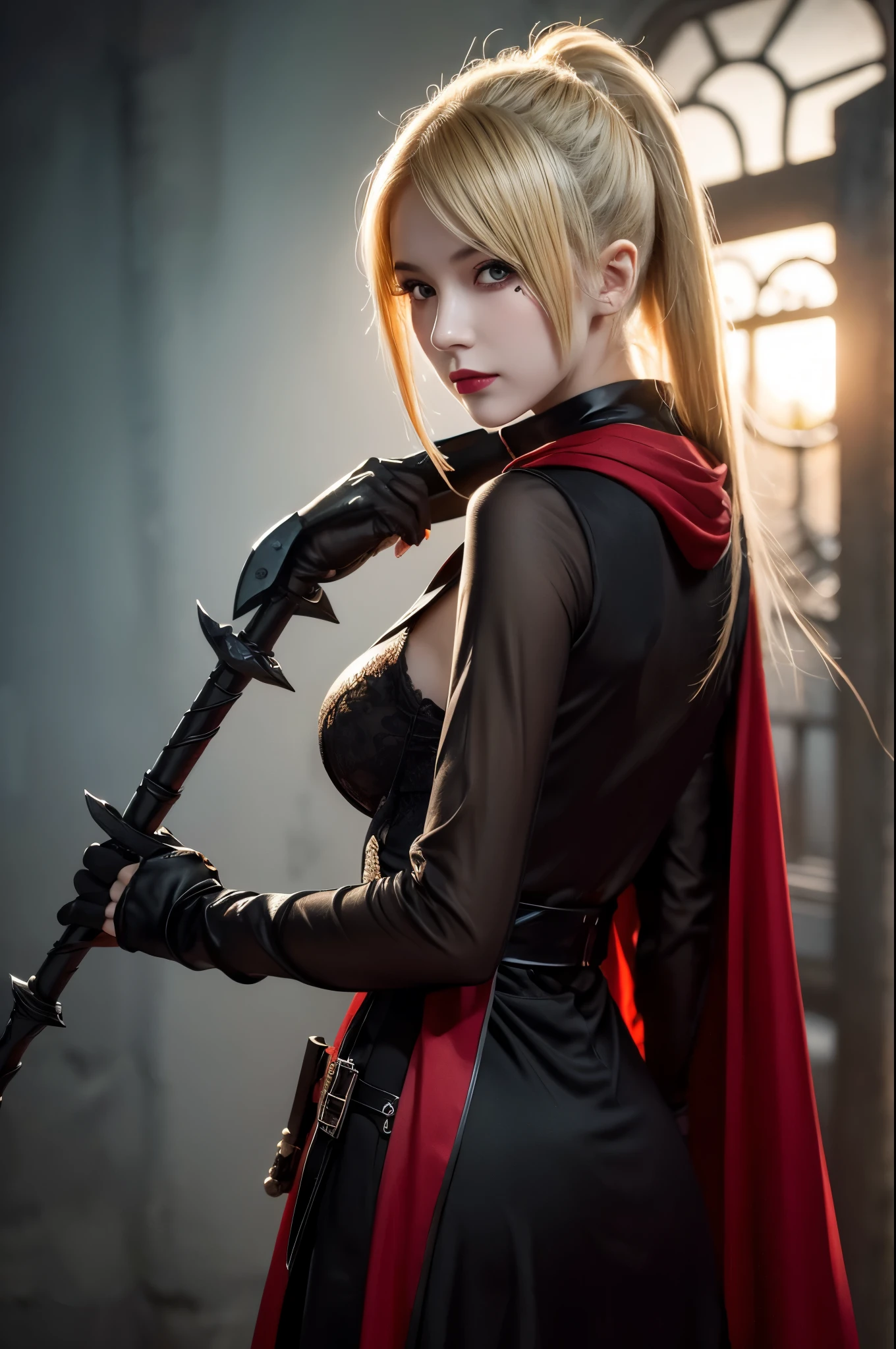 8k,An adult female Grim Reaper carrying a scythe,Super Beauty(Like the real thing),Skeleton Mask,Wear,Red Eyes,blonde mohawk hair,Black Robe,Highly detailed photos, Ultra-high resolution, masterpiece, highest quality, Perfect glowing skin, Perfect lighting, Detailed lighting, Dramatic Shadows, Ray Tracing, Looking at the audience, Small breasts, Beautifully detailed hazel eyes, Sharp Face, Clear Eyes, Red lips, ((The dark earth of the underworld)), Upper Body, masterpiece,highest qualityのフォトリアリスティックなRAW写真。Bright colors,Rich colors, Backlight, Cinema Lighting, Film Grain, to be born, 50mm lens, Nikon D850,Detailed character art,Fantasy art,Ultra-high resolution,Ultra-Realistic Skin,Perfect hand shape,Fantastic landscape,