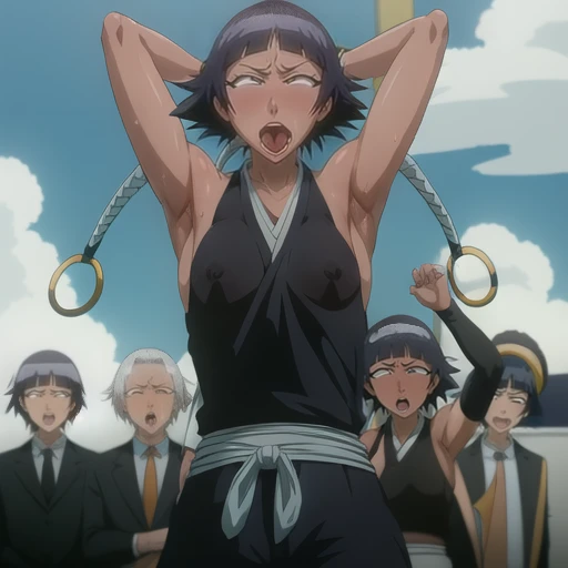 ( Animation screenshots:1.1), Nipples exposed, black hair, side breasts,eternal, short hair with long locks, japanese clothing, - Hip vents, no underwear,short hair, small breasts, (white eyes:1.1),No eyeballs, Also available in black, no headgear,low double braids,facing the audience, looking at the audience, tired, from below, (Exposed armpit:1.1), ((armpit:1.2)), Sexy, Sweat dripping, More and more sweat,(ahegao), (Roll your eyes), naughty face, blush, open mouth, Sticking out tongue, saliva, Slobber,Runny nose,skinny, raise arms, (arms above head:1.5)