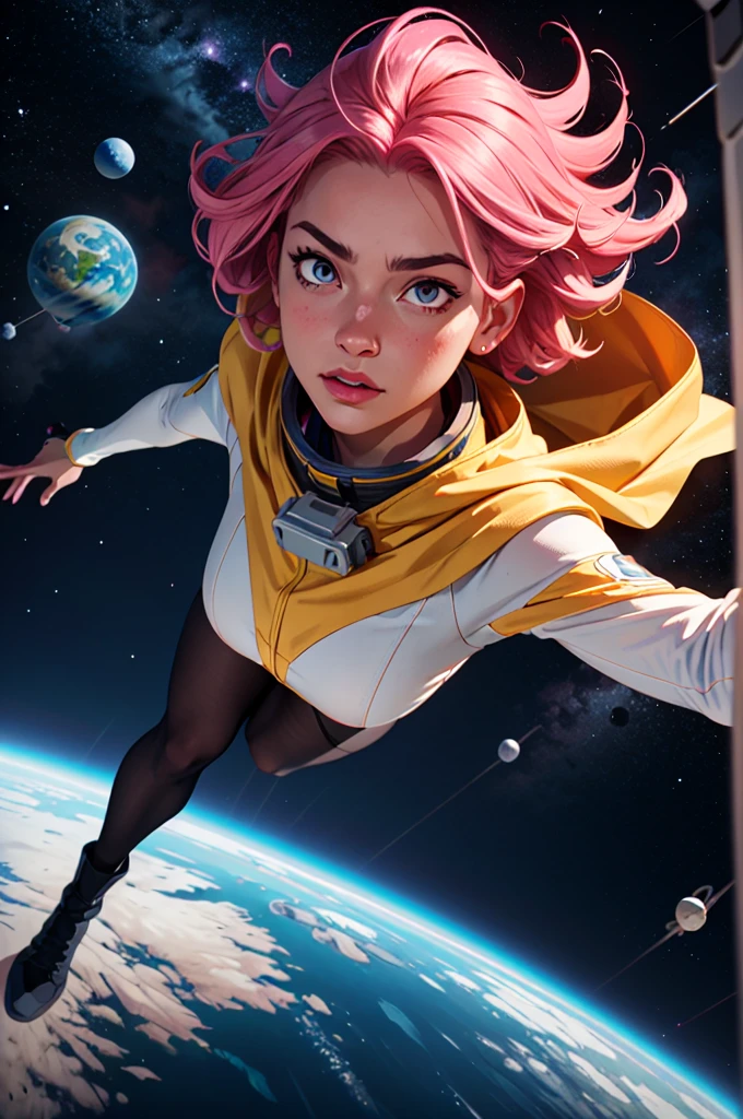 girl flying into space, pink hair, eye iris yellow, hero cape, very detailed face, very detailed eyes, max quality, immensity, two worlds colliding, Awesome bright colors, ighly detailed, The perfect world, Reflective surfaces, Subsurface Dispersion, Beyond imagination, in 8K, wide angles, Sci-fi world, kosmos, planets, a moon, obra de arte, max detail