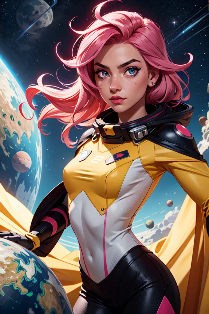 girl flying into space, pink hair, eye iris yellow, hero cape, very detailed face, very detailed eyes, max quality, immensity, two worlds colliding, Awesome bright colors, ighly detailed, The perfect world, Reflective surfaces, Subsurface Dispersion, Beyond imagination, in 8K, wide angles, Sci-fi world, kosmos, planets, a moon, obra de arte, max detail