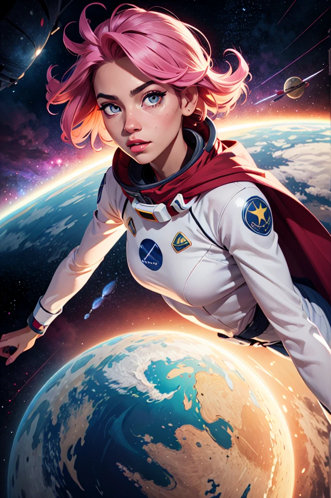 girl flying into space, pink hair, eye iris yellow, hero cape, very detailed face, very detailed eyes, max quality, immensity, two worlds colliding, Awesome bright colors, ighly detailed, The perfect world, Reflective surfaces, Subsurface Dispersion, Beyond imagination, in 8K, wide angles, Sci-fi world, kosmos, planets, a moon, obra de arte, max detail