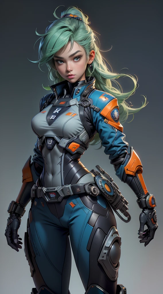 11:23(((Best quality at best: 1.4))),（solid color backdrop），（Gesture of raising your hand），(Unbeatable masterpiece), (hyper HD),(Hyper-realistic 8k CG)、（without background），（Light green hair），（One hand crossed at waist），（looking at the camera in）， ((( body))), (((1 girl in))), 25-year-old American soldier with perfect body,,Beautiful and well-groomed face,muscular body:1.2,Solid royal blue jacket with details, (Pictures from head to thighs)， Complex equipment,Orange coat，long trousers，The clothes inside are gray，Clothes with metal electronic parts,Tech Armor )