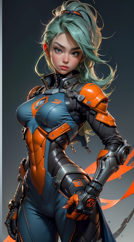 11:23(((Best quality at best: 1.4))),(solid color backdrop),(Gesture of raising your hand),(Unbeatable masterpiece), (hyper HD),(Hyper-realistic 8k CG)、(without background),(Light green hair),(One hand crossed at waist),(looking at the camera in), ((( body))), (((1 girl in))), 25-year-old American soldier with perfect body,,Beautiful and well-groomed face,muscular body:1.2,Solid royal blue jacket with details, (Pictures from head to thighs), Complex equipment,Orange coat,long trousers,The clothes inside are gray,Clothes with metal electronic parts,Tech Armor )