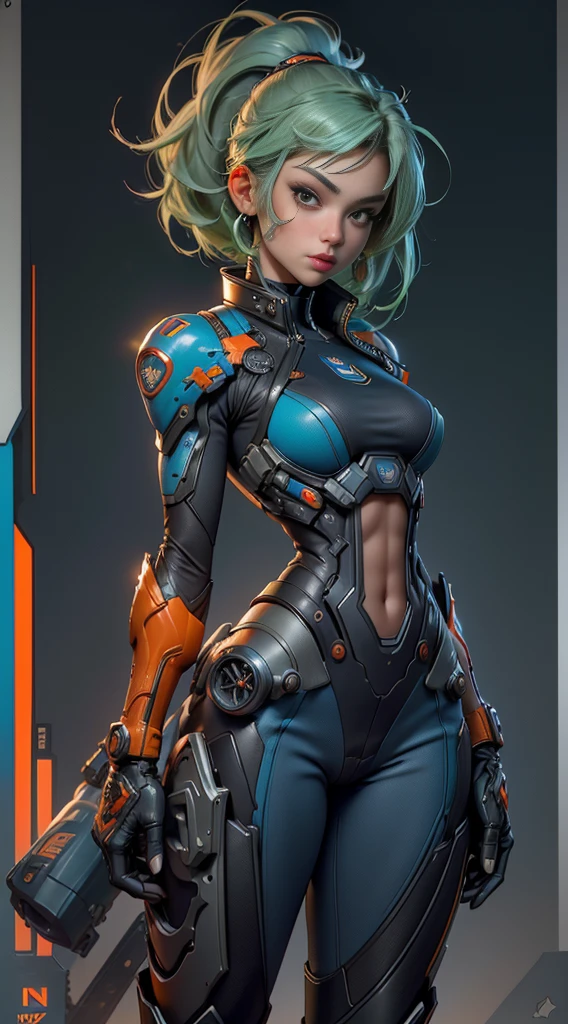 11:23(((Best quality at best: 1.4))),(solid color backdrop),(Gesture of raising your hand),(Unbeatable masterpiece), (hyper HD),(Hyper-realistic 8k CG)、(without background),(Light green hair),(One hand crossed at waist),(looking at the camera in), ((( body))), (((1 girl in))), 25-year-old American soldier with perfect body,,Beautiful and well-groomed face,muscular body:1.2,Solid royal blue jacket with details, (Pictures from head to thighs), Complex equipment,Orange coat,long trousers,The clothes inside are gray,Clothes with metal electronic parts,Tech Armor )