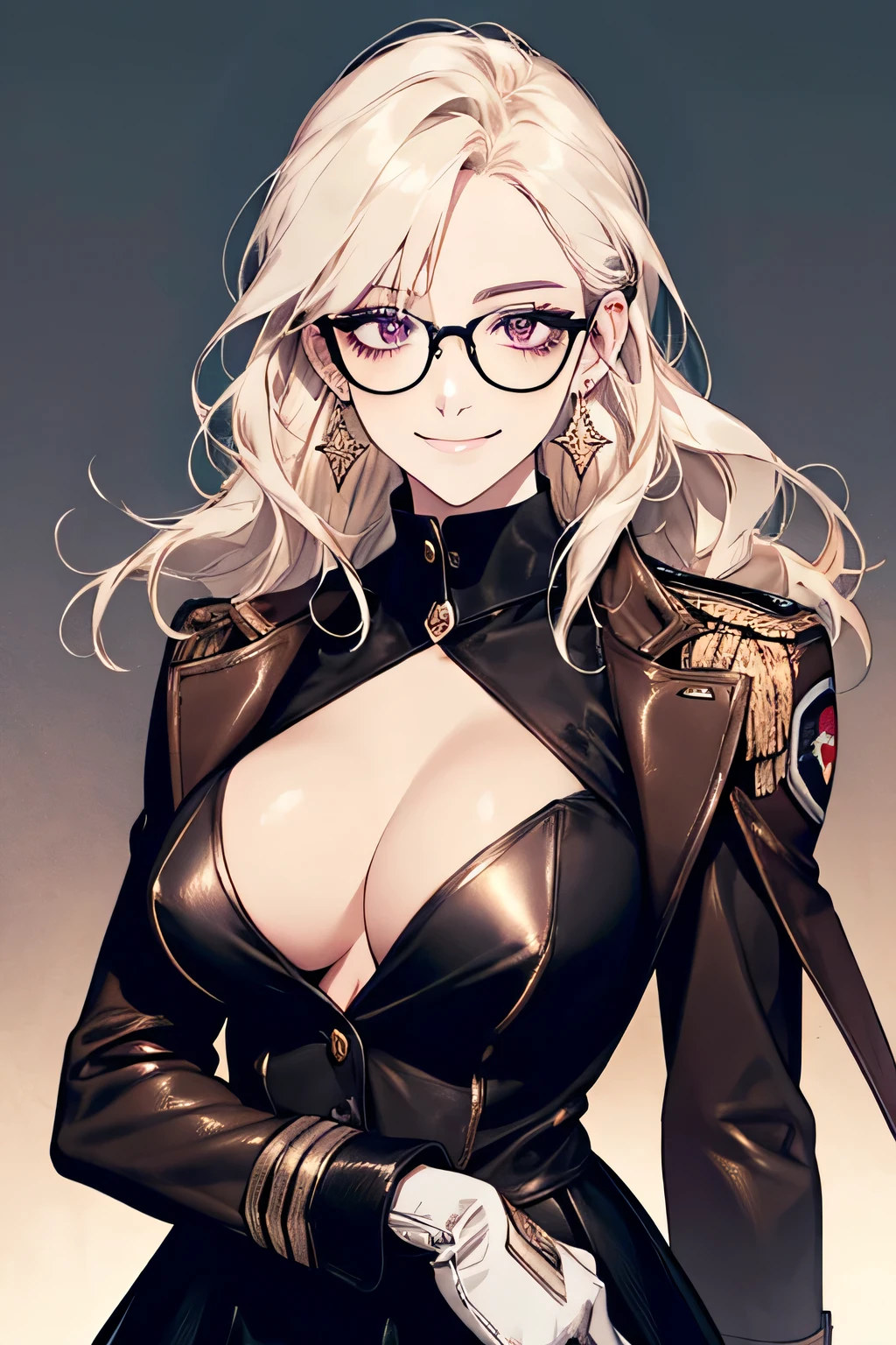 ( Detailed Description, High resolution，8k wallpaper，, masterpiece，best quality,Depth of Realm).                                                                     A beautiful young woman、so beautiful、Anatomically accurate depiction，Platinum Blonde，Facial details、Glasses、Gold earrings in the ears(Provocative smile),（She is wearing a dark purple military jacket.、Black Leather Gloves，Wearing a tight black leather skirt）、(Large Breasts)、Cleavage，Accurate hand drawing.                     The background is a collapsed building，night，Street lamp.