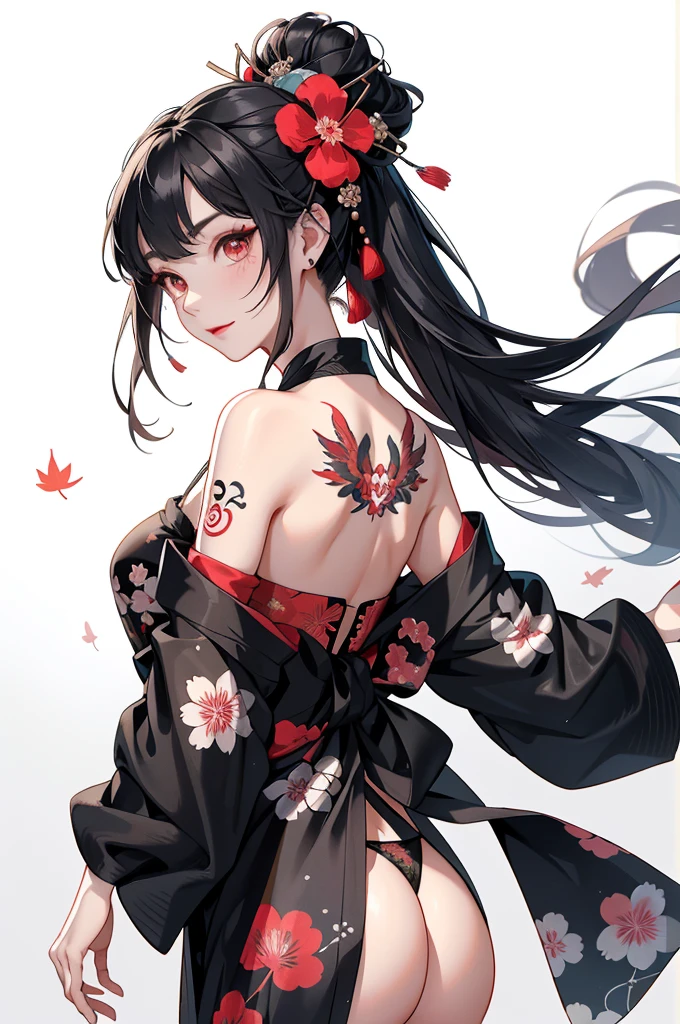 {{{ukiyo-e_style}}},{{flat_style}},{Simple_color},{{{masterpiece}}},{katsushika_hokusai},length_hair,hair_flower,{{black_hair}},red_eye,red_null,{Chinoiserie},{{{Highest_quality}}},kimono,{{Super detailed}},{figure},Maple_leaf_flight,{{One Woman}},{{{alone}}},{{of_Very To_delicate_ofd_beautiful}},blofk_stare,close_To_Audience,{Wind},{flight_splash},{flight_petal},Wind,((large tattoo on the back)){Gorgeous ofd rich graphics}((Undressed kimono))((Big Ass))((She has a big tattoo on her back))((black thong))、smile