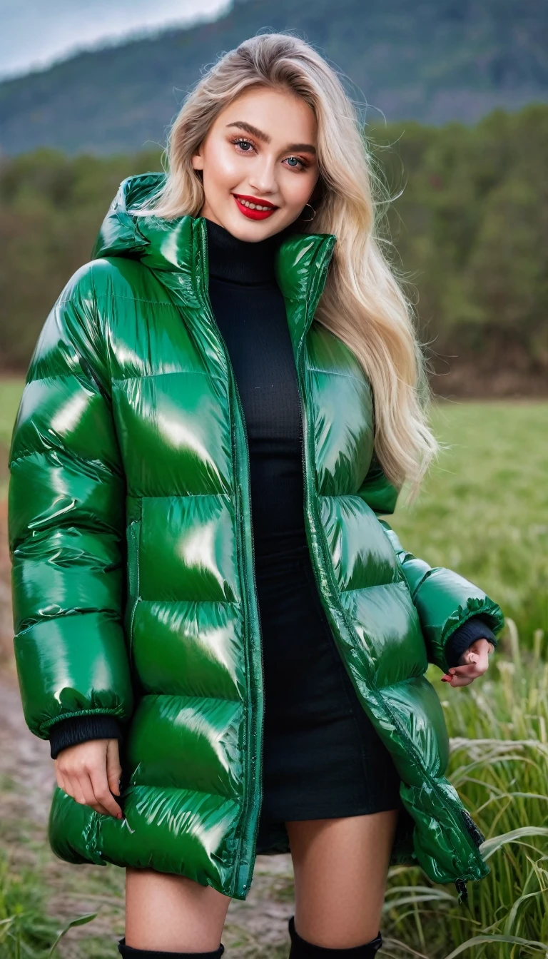 hyperrealistic beautiful busty 19-year-old woman with long legs wearing casual winter outfit with shiny grass green vinyl puffer coat, model shooting full body photography, bleached blonde very long straight hair, soaky wet skin, dark eye makeup with eyeliner, seductive smile, red lips, 8K, Best quality, Meisterwerk, ultra high resolution, (Realismus: 1.4), Originalfoto, (realistische Hautstruktur: 1.3), (Filmkorn: 1.3), (Selfie-Winkel), 1 girl, Beautiful round hazel eyes and facial details, Meisterwerk, Best quality, outdoor photography
