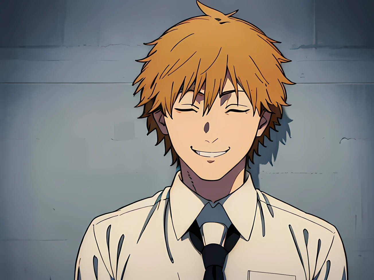 denji, closed eyes, Sincere smile, black necktie, white shirt, collared shirt, sleevesa rolled up, masterpiece, best quality