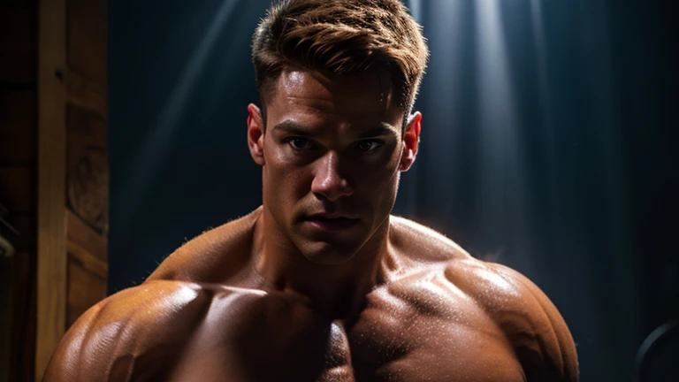 muscular shirtless Bobby Drake, X-Men, detailed facial features, brown hair, brown eyes, realistic lighting, cinematic, dramatic pose, high quality, 8K, photorealistic, chiaroscuro lighting, moody atmosphere, deep shadows, hyper-detailed skin, veiny muscular arms, dynamic action scene